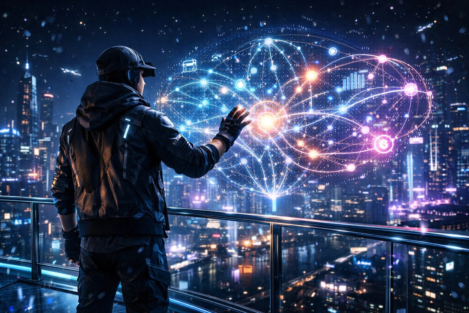 Person interacting with a holographic Web3 payment interface overlooking a digital city representing Larecoin.ai.