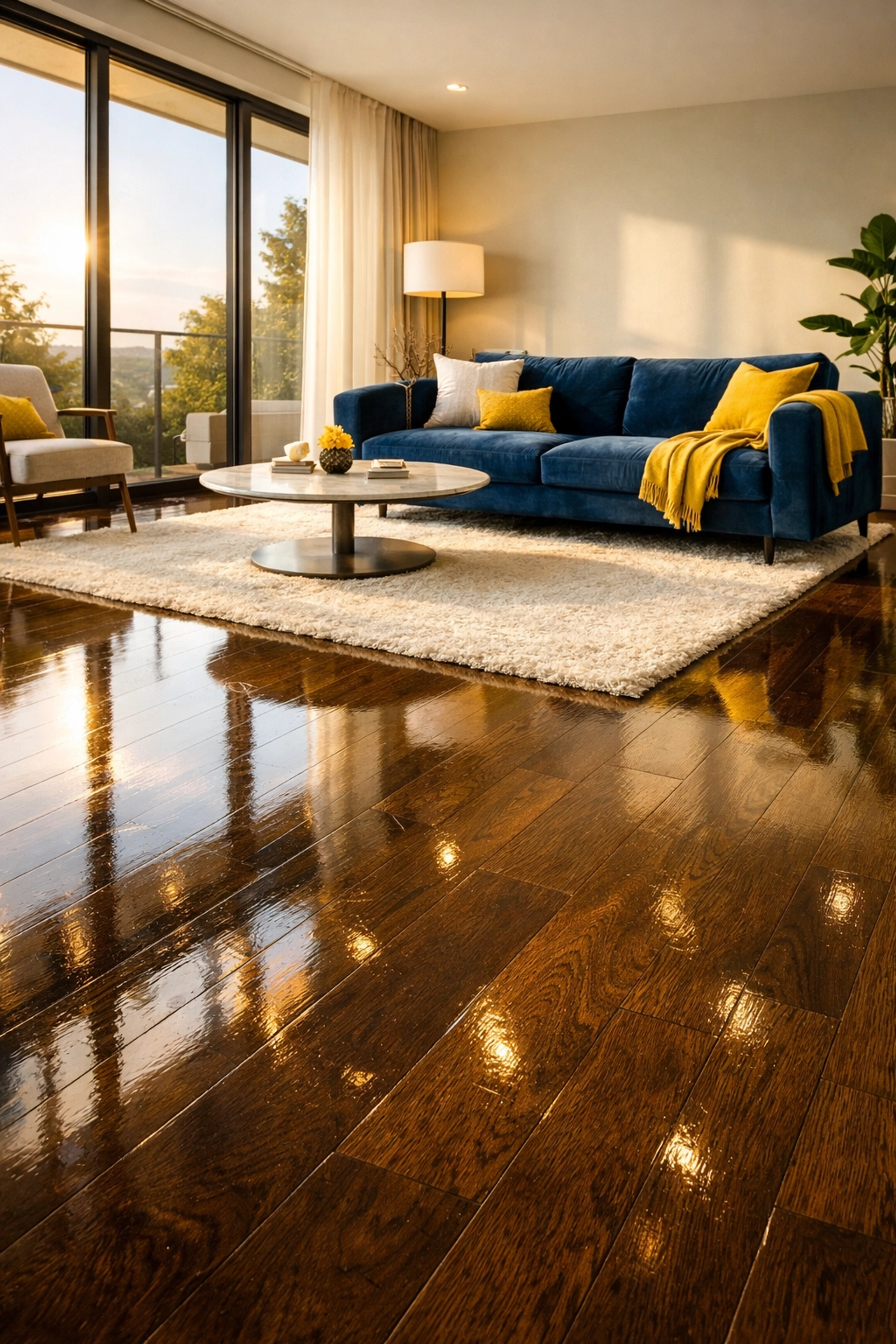 Sunlit living room with polished dark oak hardwood floors after a weekly house cleaning.