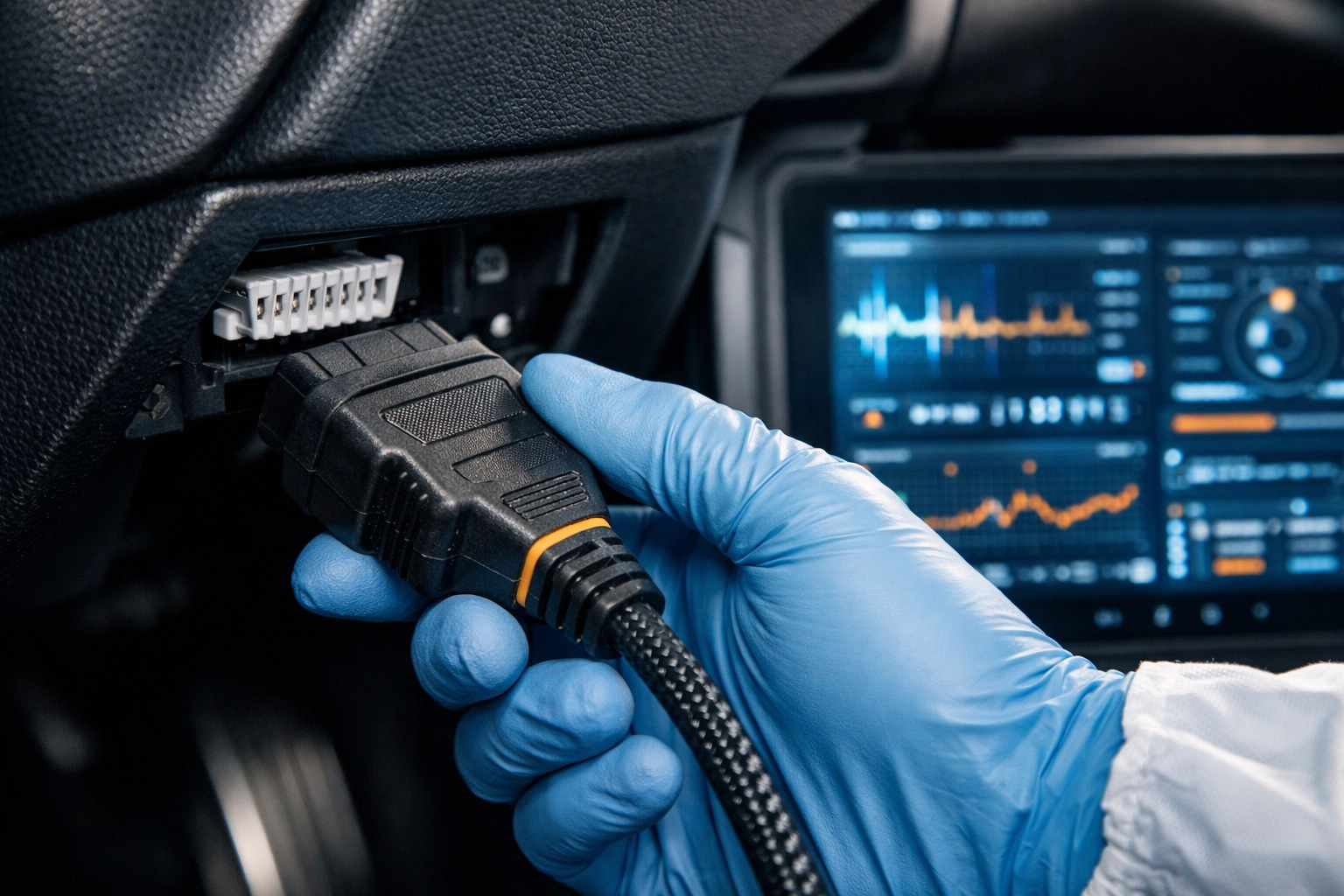 Houston forensic investigator extracting vehicle black box data to preserve evidence after a car accident.