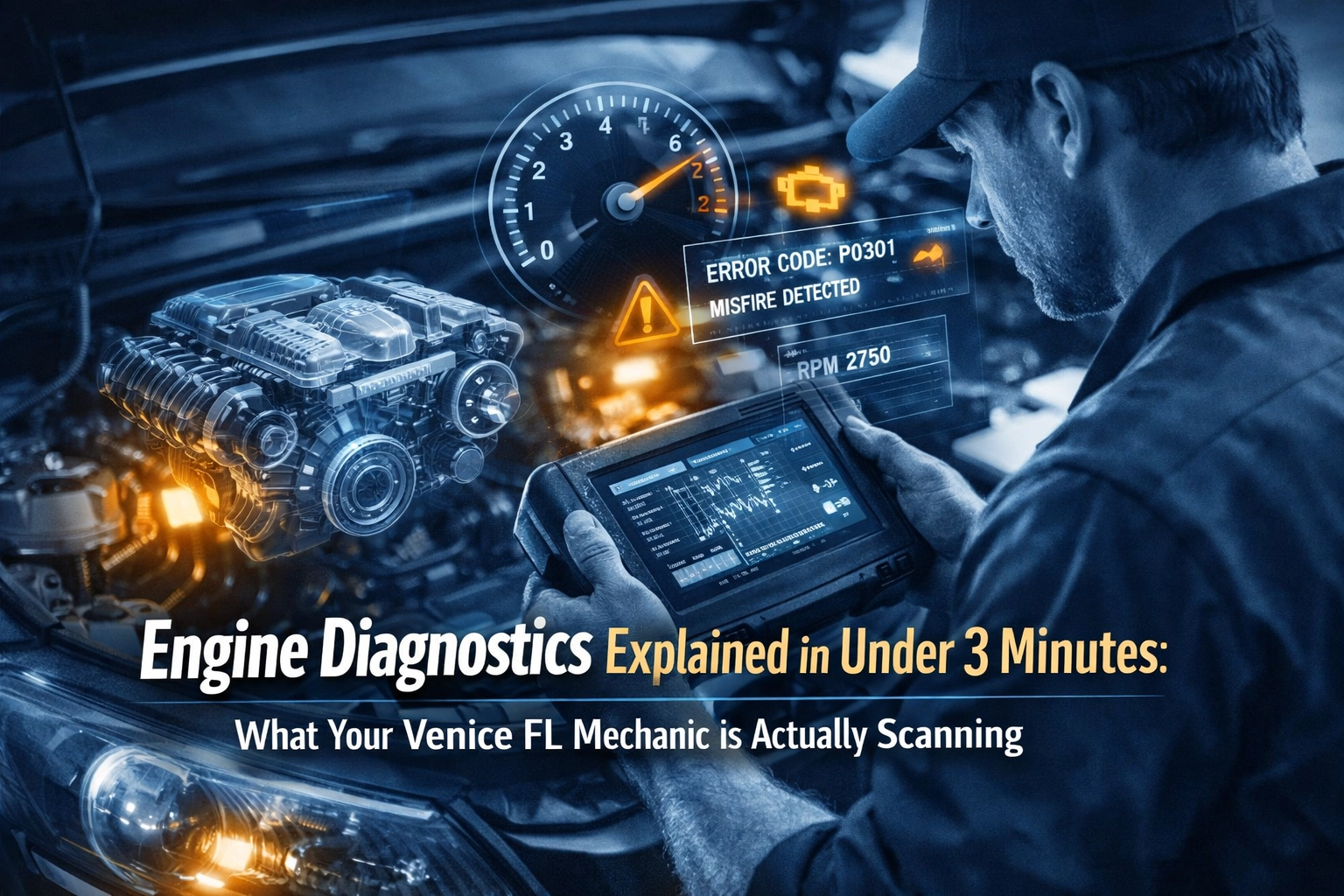 Animated image depicting a mechanic scanning a vehicle engine for a diagnostic code in order to complete a repair. graphics of engines and codes and check engine lights. text that reads: Engine Diagnostics Explained in Under 3 Minutes: What Your Venice FL Mechanic is Actually Scanning