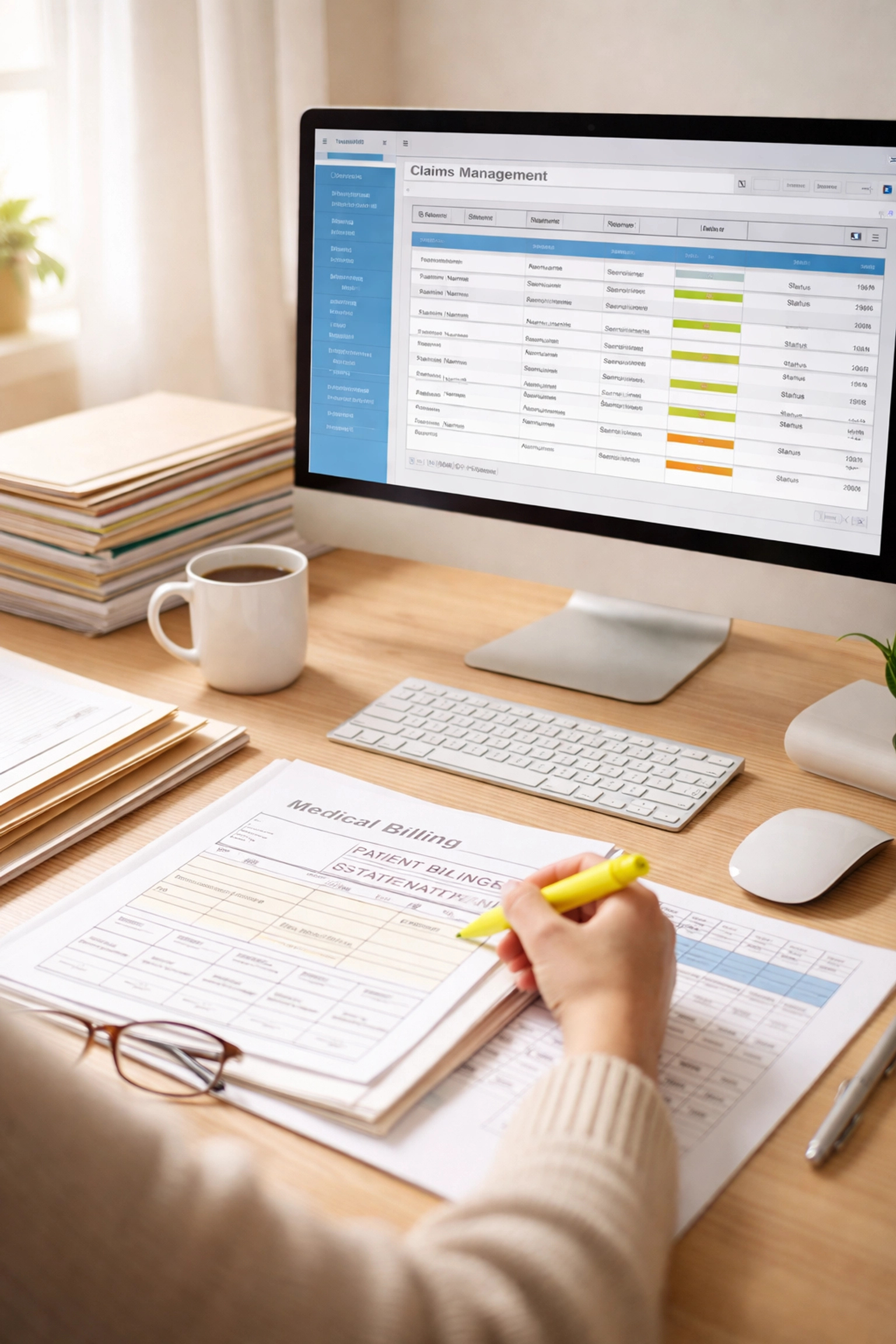 Medical billing specialist reviewing therapy claims documentation at organized healthcare office desk