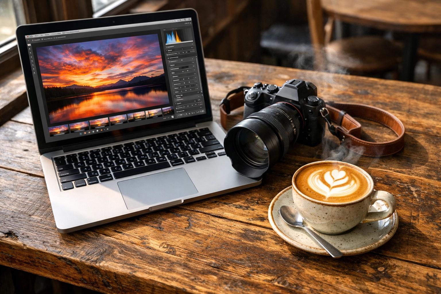 Using photo editing tutorials alongside one of the best mirrorless cameras on a wooden cafe table.