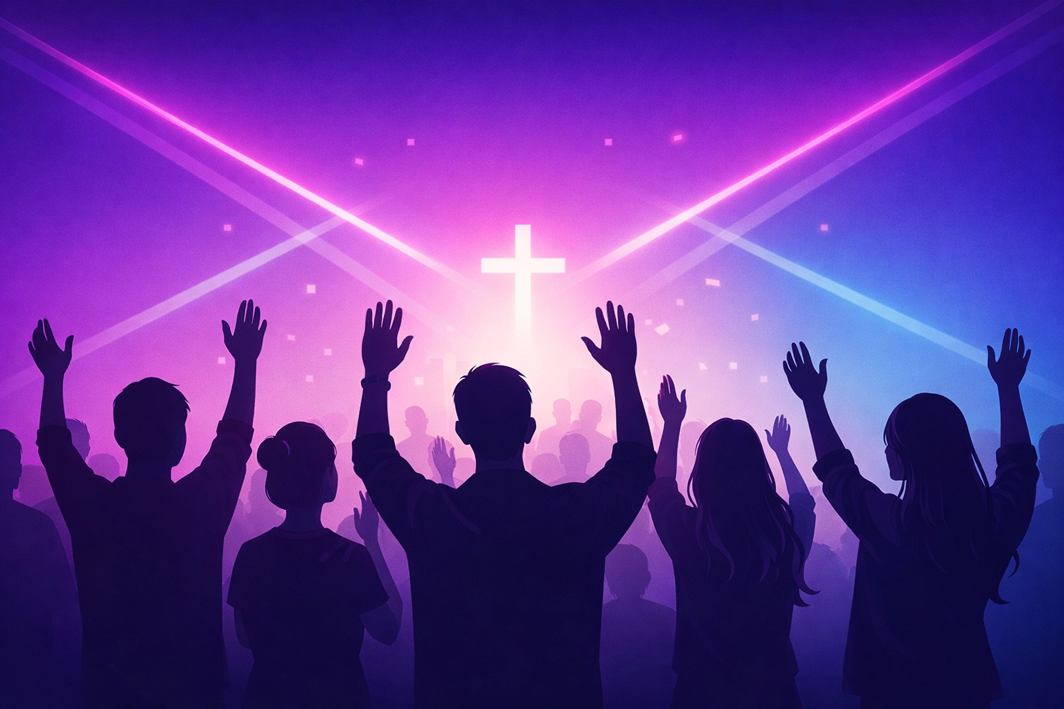 Young adults raising hands in worship with modern synthwave lighting in church
