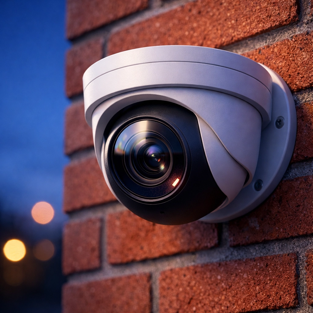 High-definition turret CCTV camera with night vision installed on a brick home in Bridgend.
