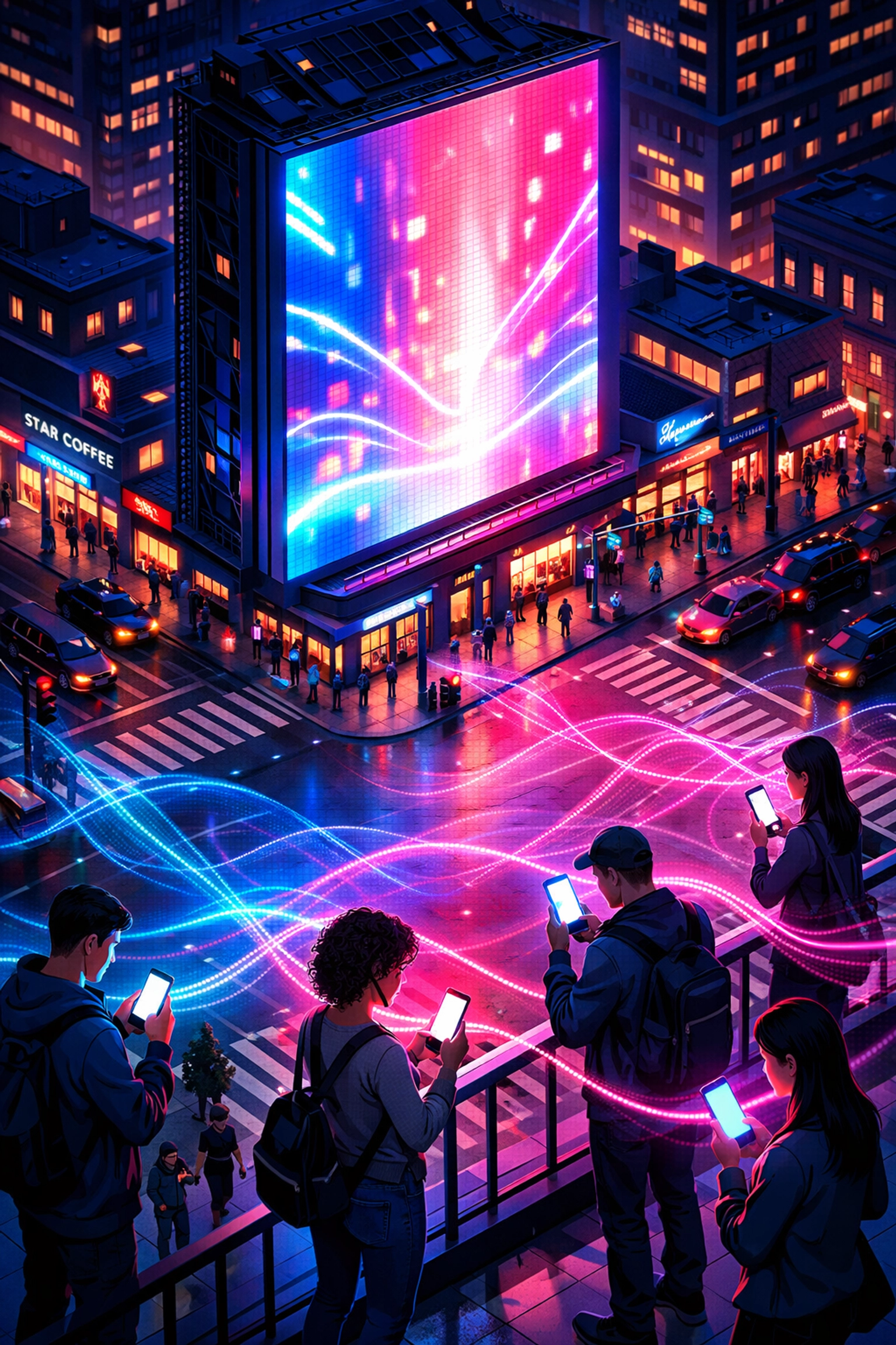 Digital billboard advertising synchronizing data with mobile devices for hyperlocal reach.