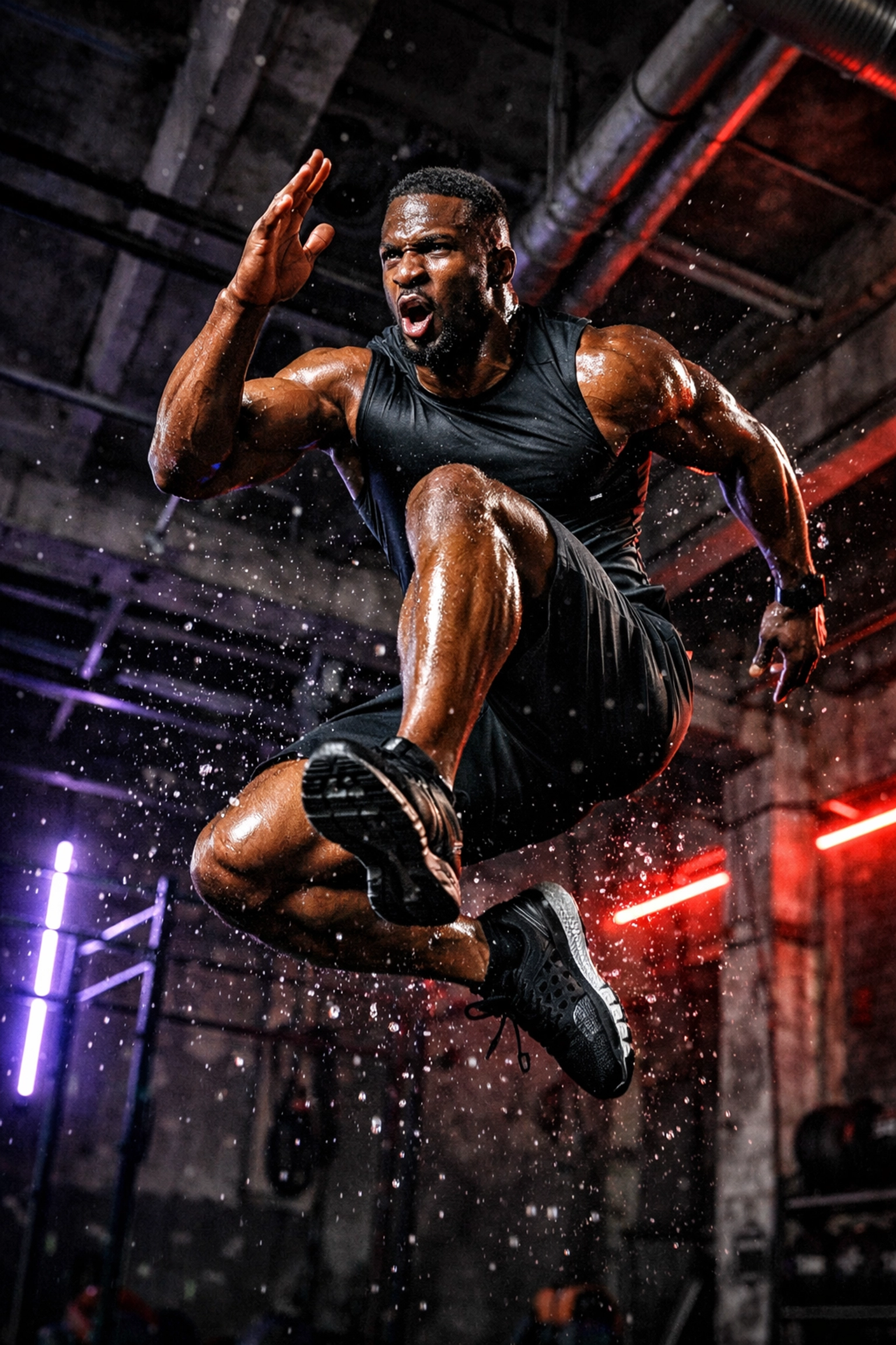 Black athlete performing high-intensity Christian gym workout with explosive movement and faith-driven determination