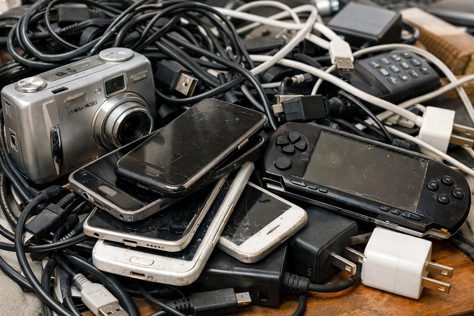 A pile of old household electronics and tangled cables ready for WEEE recycling in Northamptonshire.