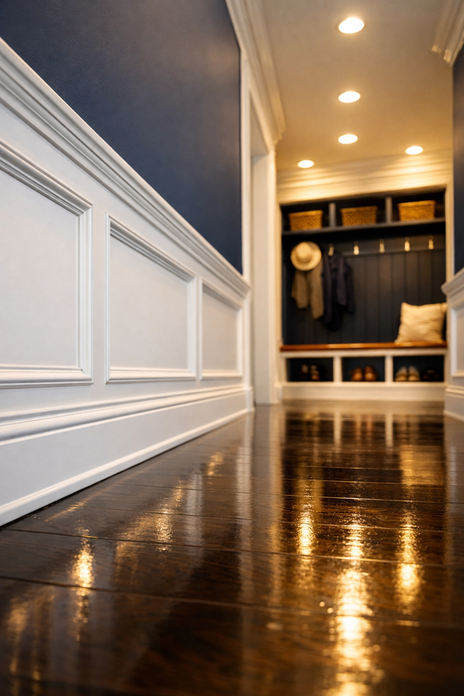 Detailed residential cleaning in Leominster showing polished wood floors and clean white baseboards.