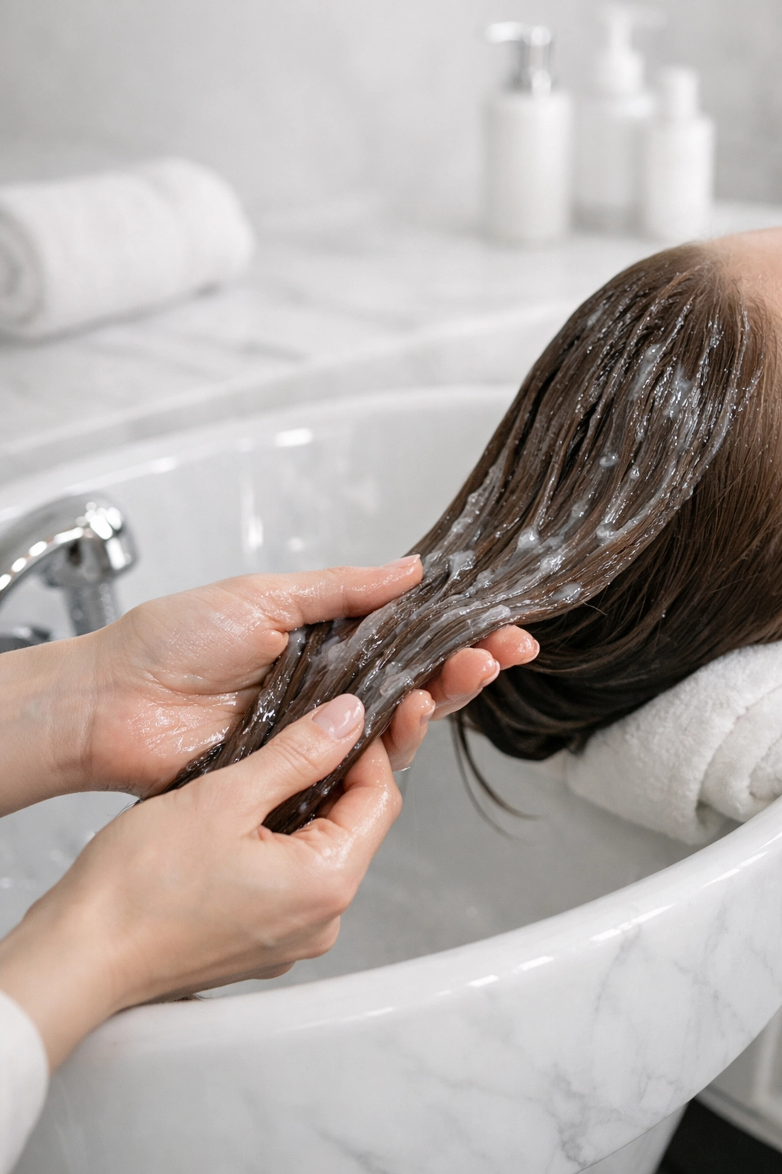 Stylist applying a professional gloss treatment at The Color Lounge Salon & Spa in Concord NH.