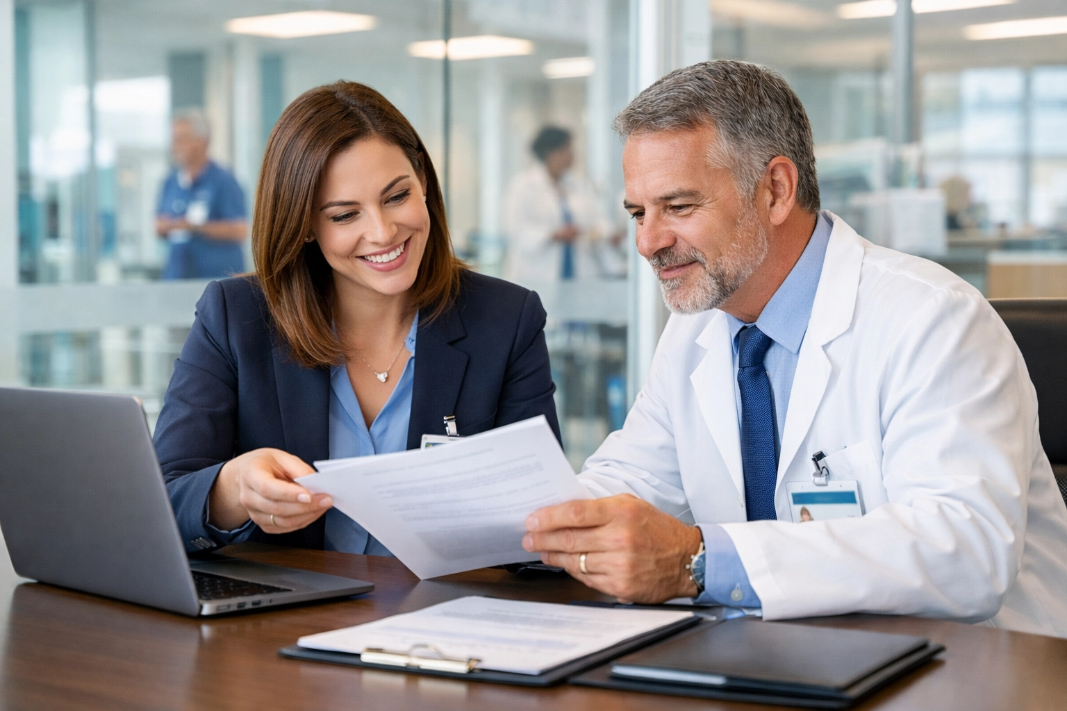 Healthcare staffing recruiter meeting with facility administrator to discuss partnership