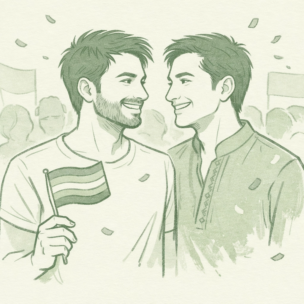 Gay couple celebrating at Indian Pride parade with rainbow flag after legal freedom