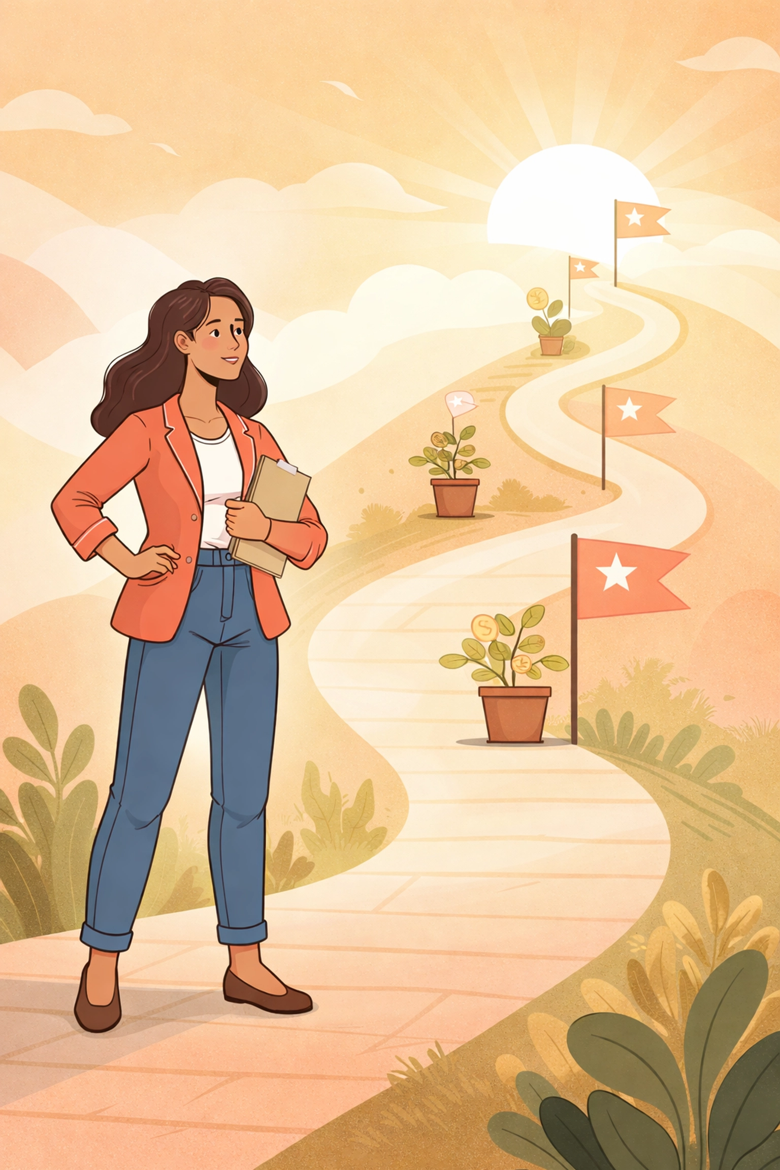 Small business owner beginning a journey up a path marked by milestones, symbolizing scalable business growth