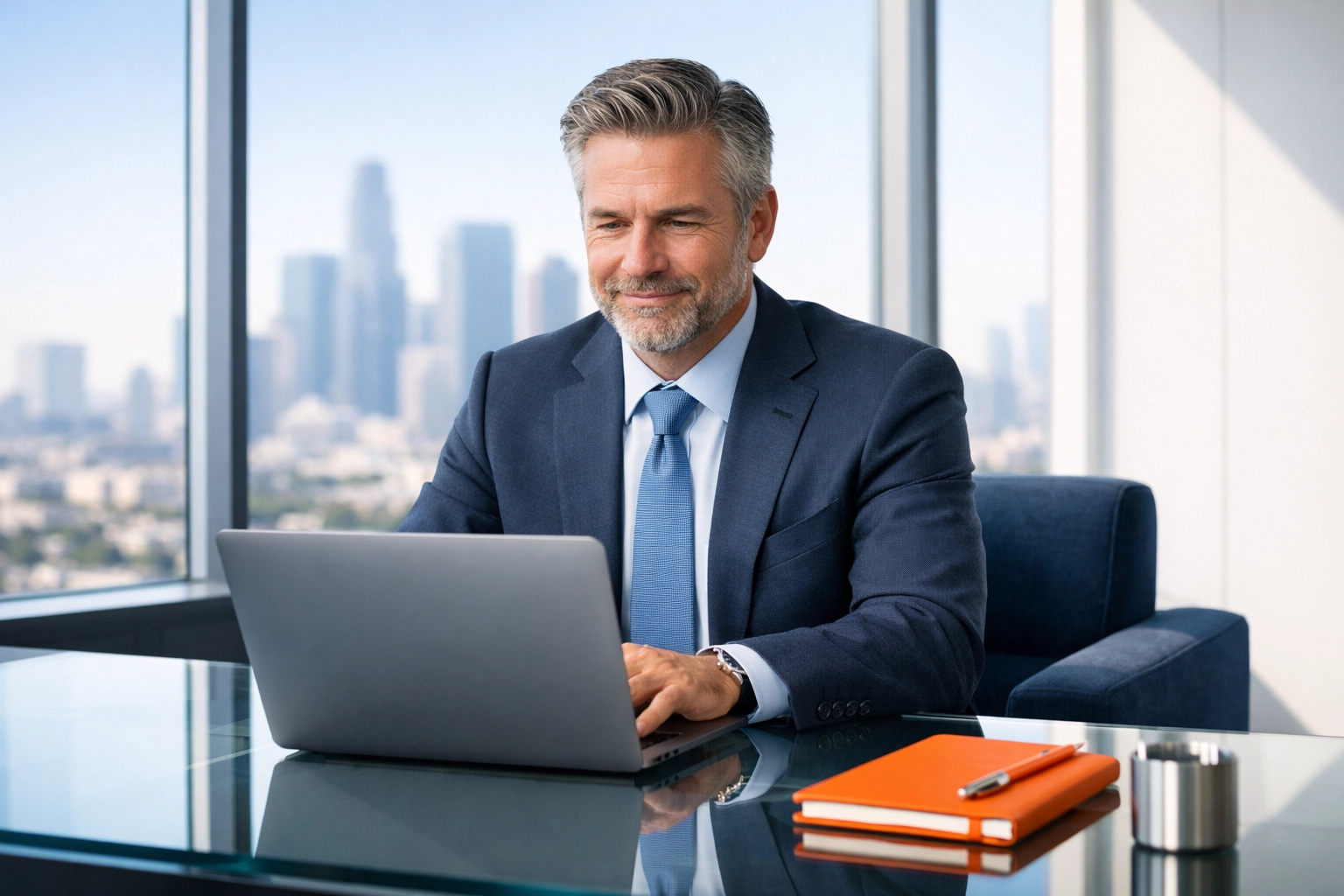 Professional business advisor using digital tools for a nationwide business sale in a modern office.