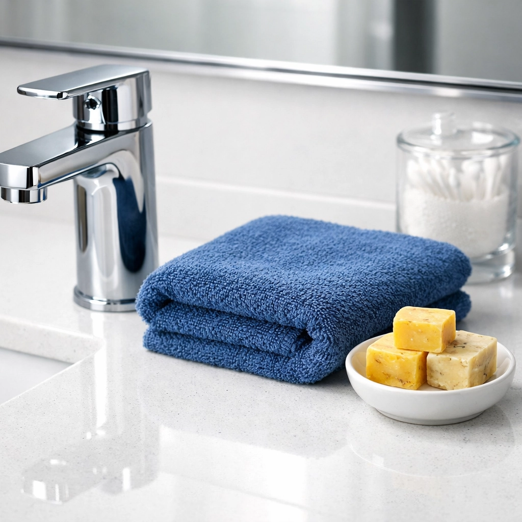 Detailed bathroom cleaning showing a spotless vanity from a Reliable House Cleaning service Lexington.