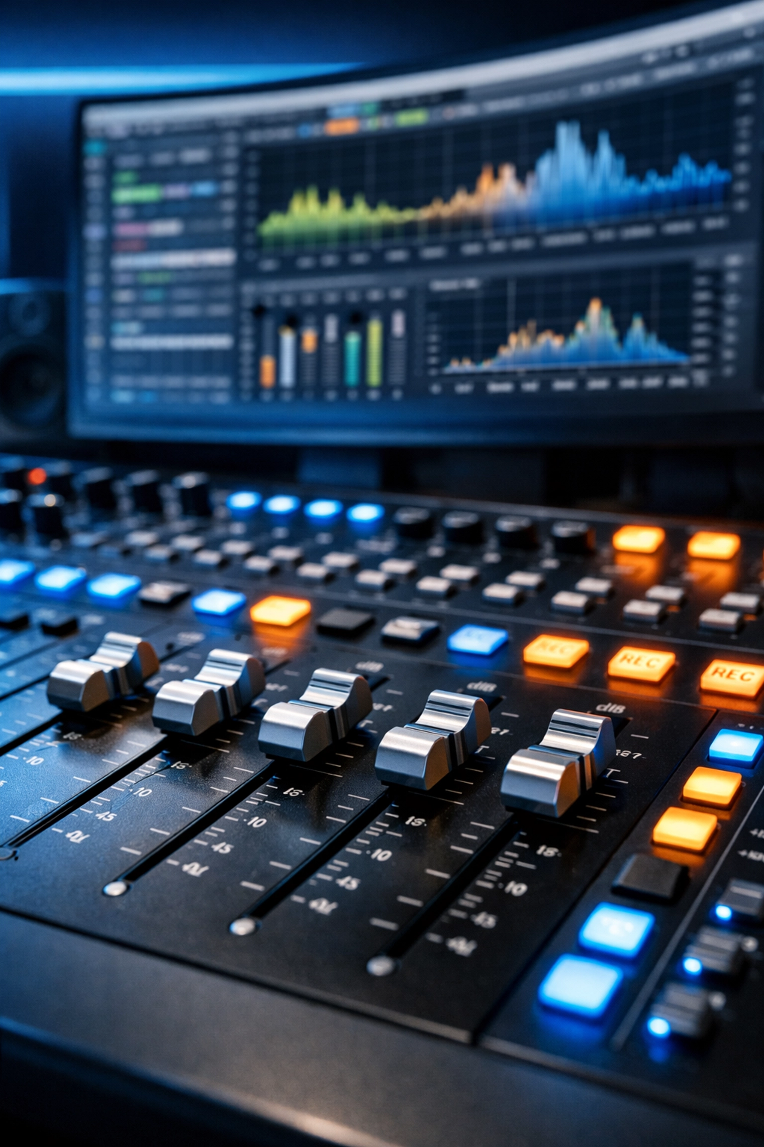 Professional audio mixing console and digital workstation used for AI-driven music production and engineering.