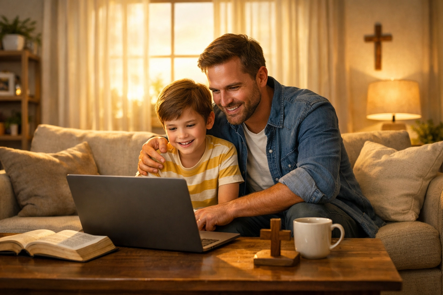 Father and son watching an online sermon on a laptop, growing in faith together at home.
