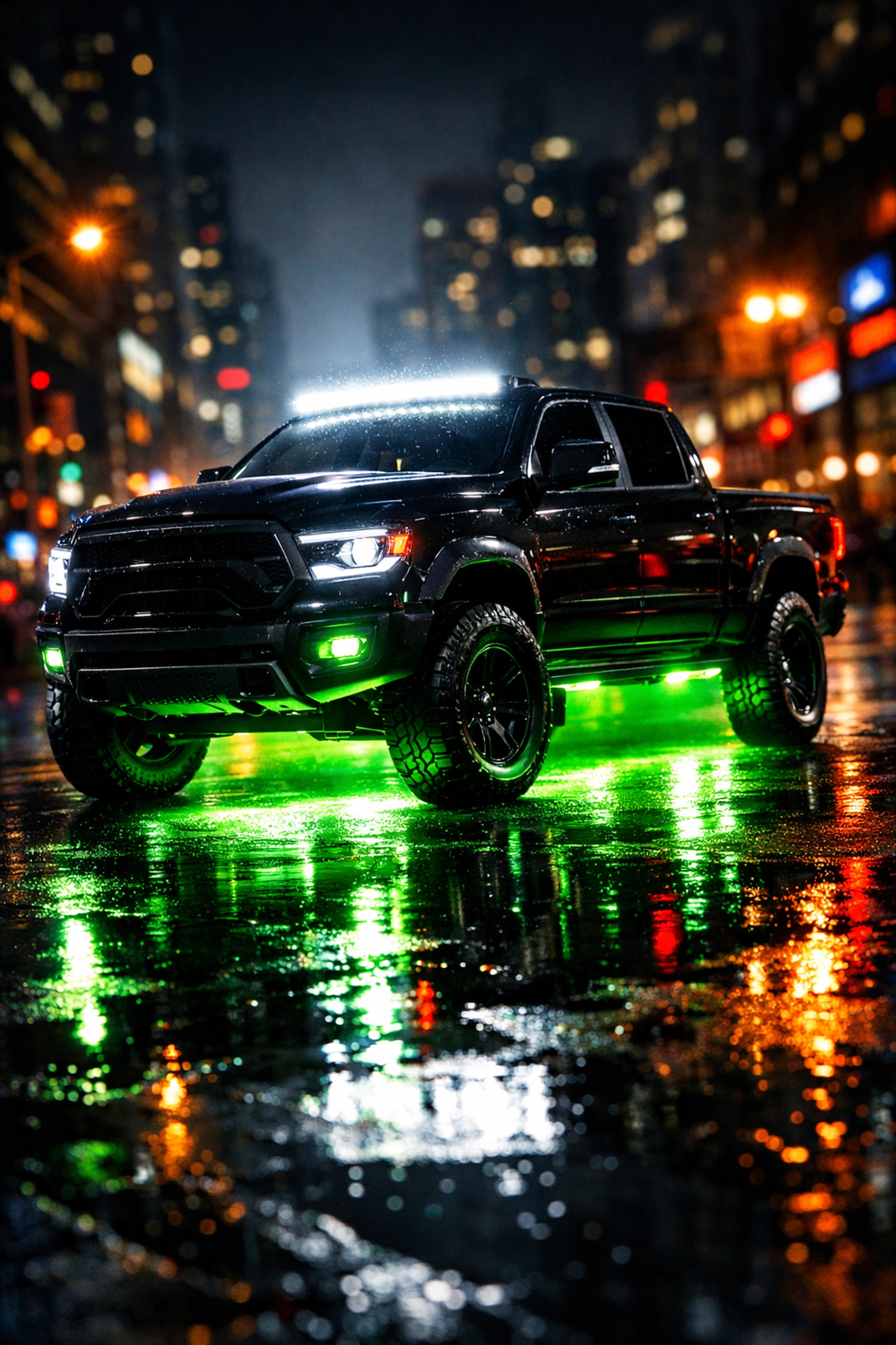 Custom truck lighting featuring neon underglow and a bright LED light bar on a black pickup truck.