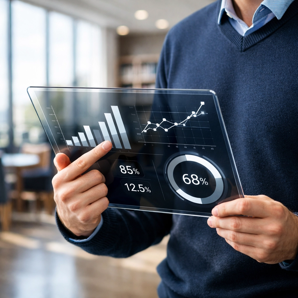Professional analyzing talent funnel data on a digital tablet in a modern school setting.