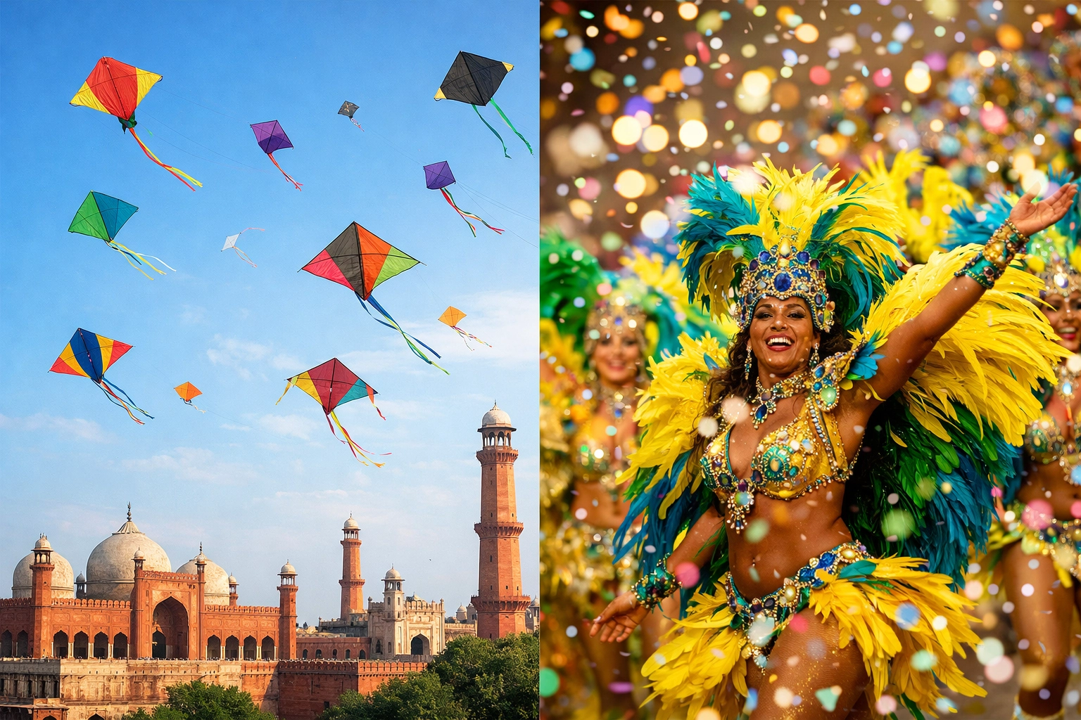 Pakistan's Basant Festival kites and Rio Carnival celebration showing global cultural resilience
