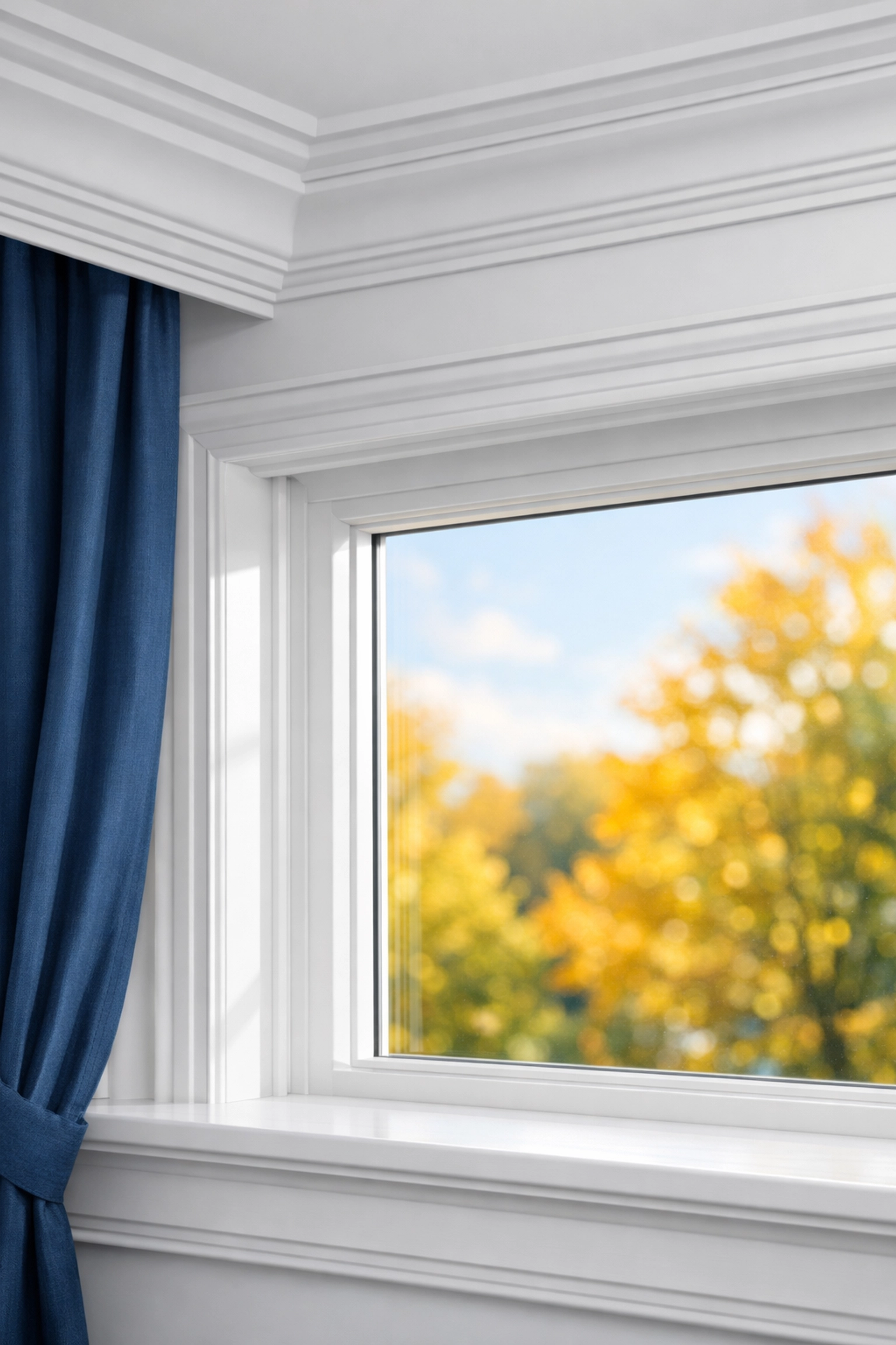 Close-up of pristine white crown molding and clean windows in a Massachusetts residence.