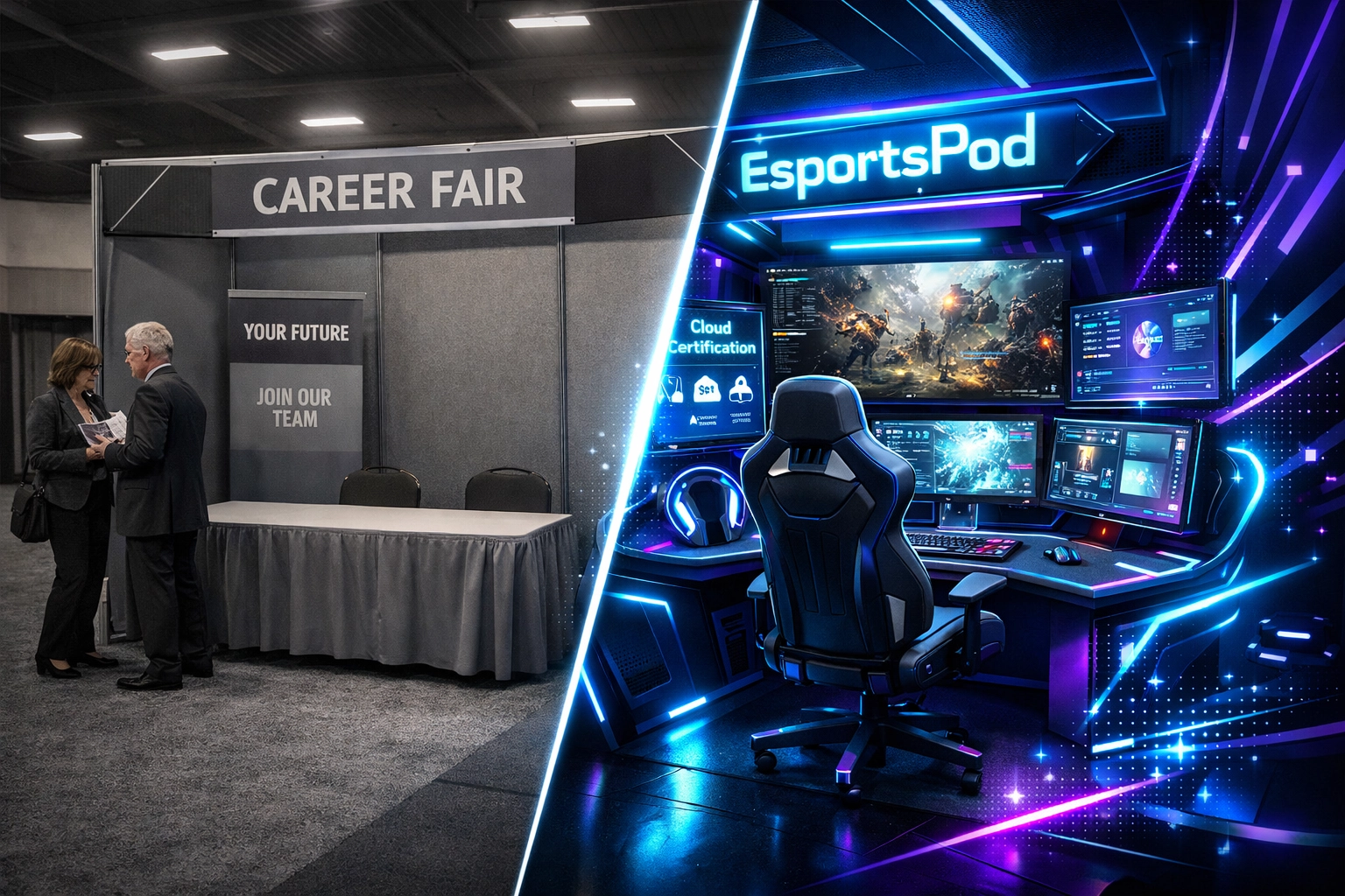 Traditional career fair booth versus modern EsportsPod recruitment station comparison