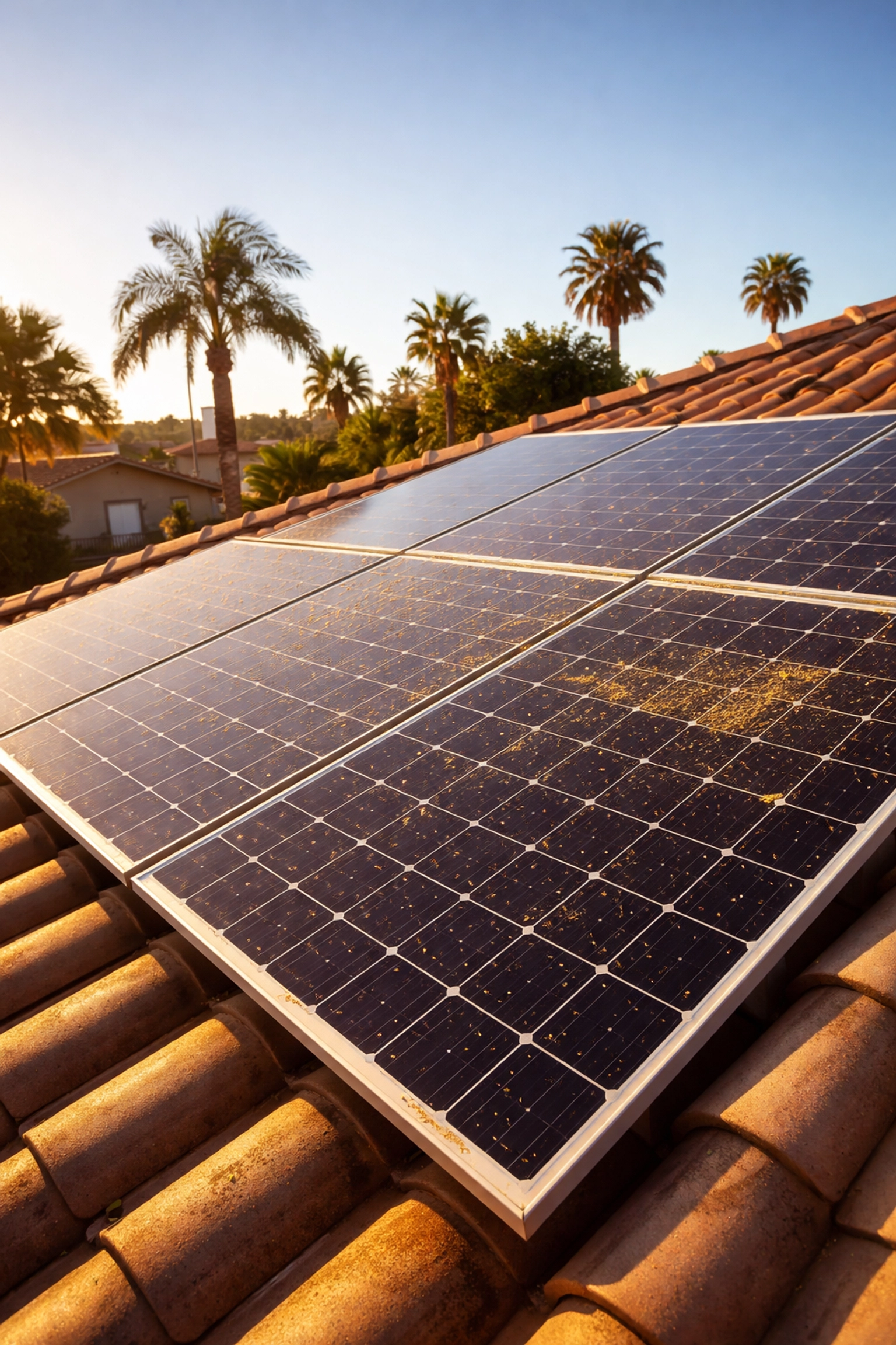 Dusty Southern California rooftop solar panels exposed to sun, highlighting need for regular maintenance