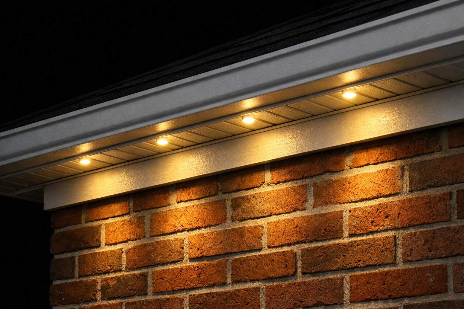 Professional soffit mounting track for permanent architectural lighting with warm yellow LED scallops.
