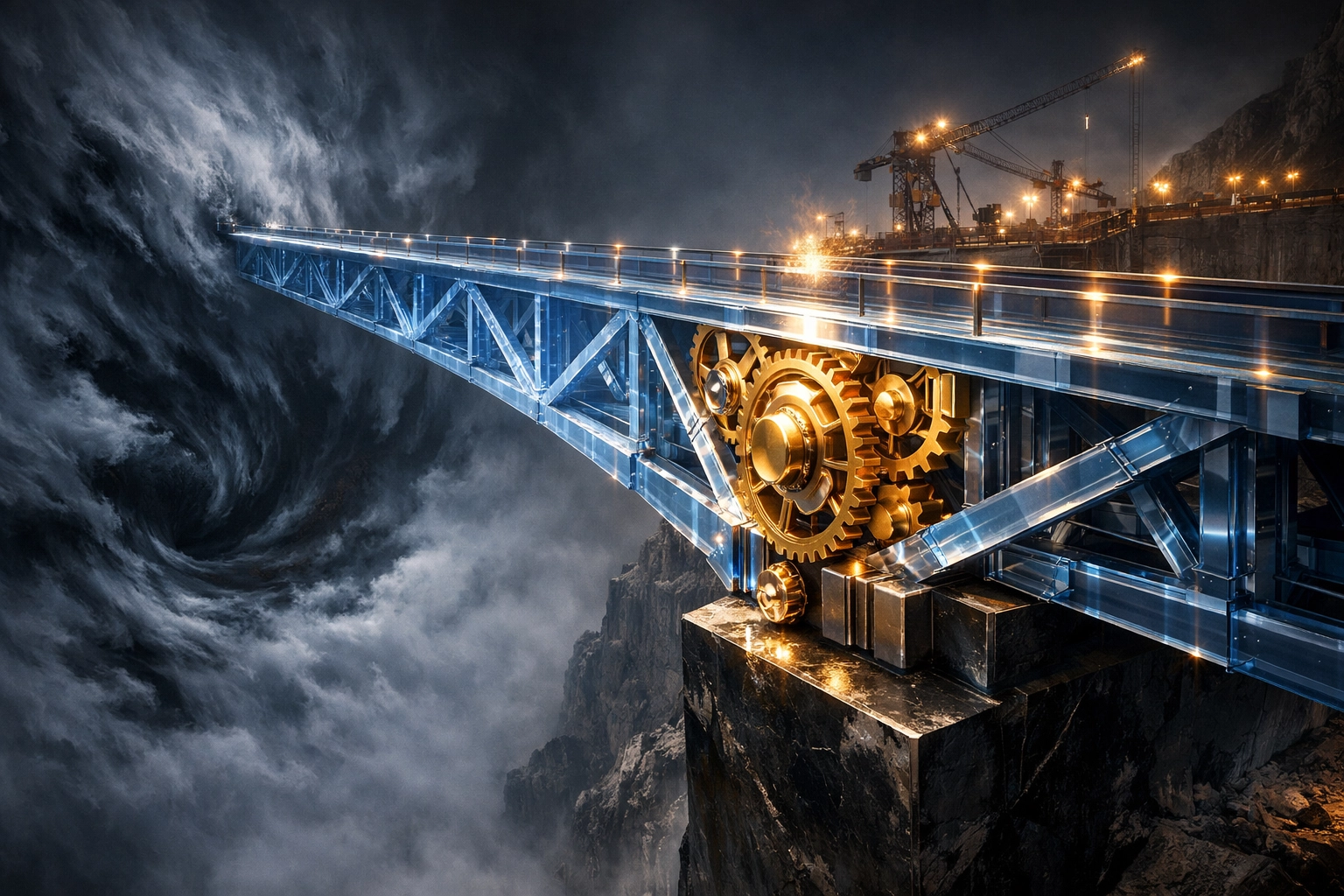 A glowing structural bridge crossing a void, representing a stable marketing foundation for entrepreneurs