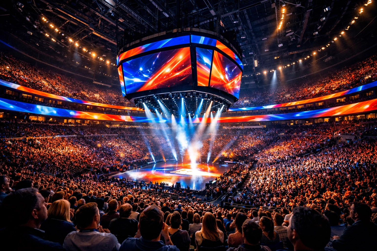Large sports arena with digital displays illustrating integrated media advertising and global reach.