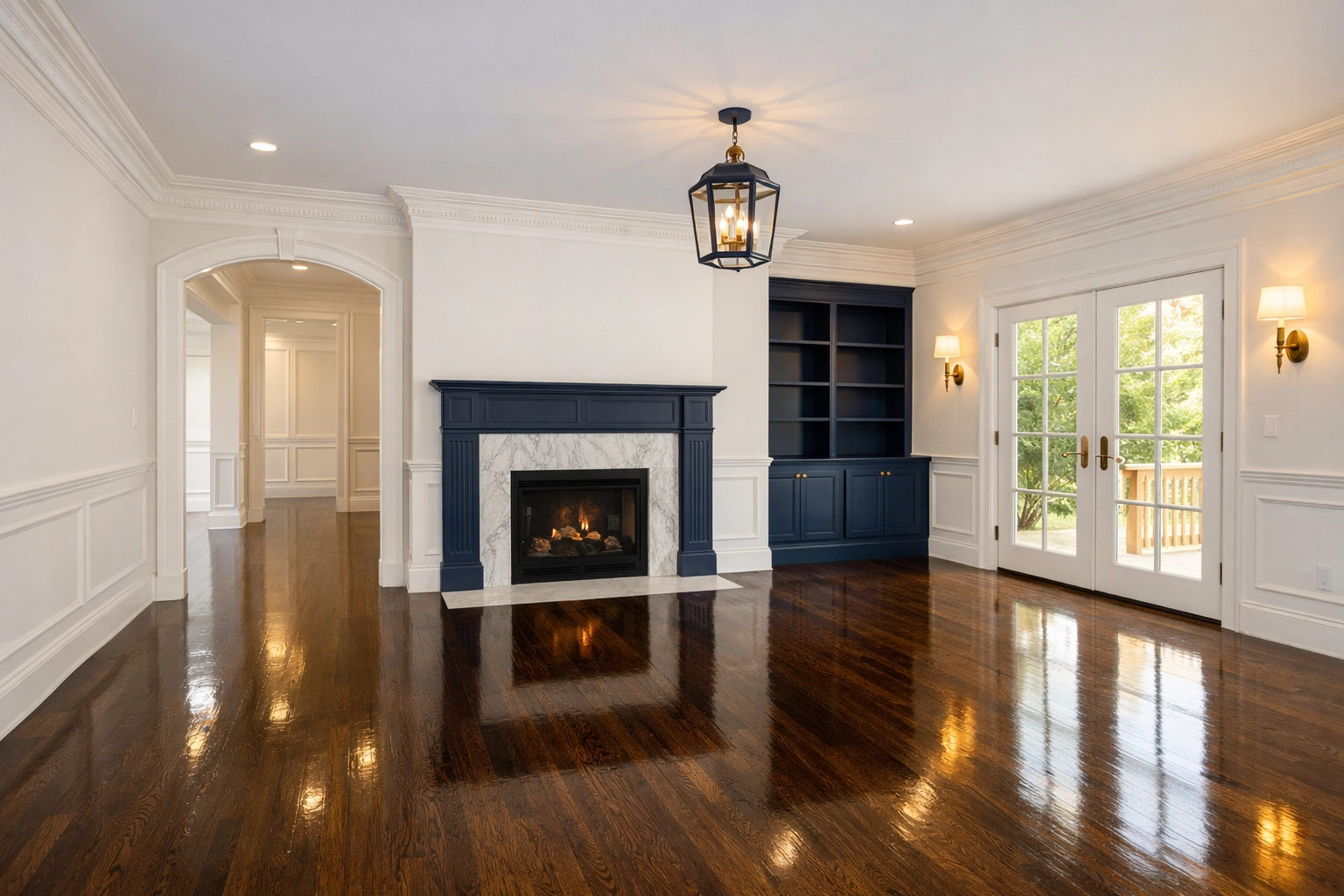 Sparkling clean living room with hardwood floors after professional post-construction cleaning Framingham.