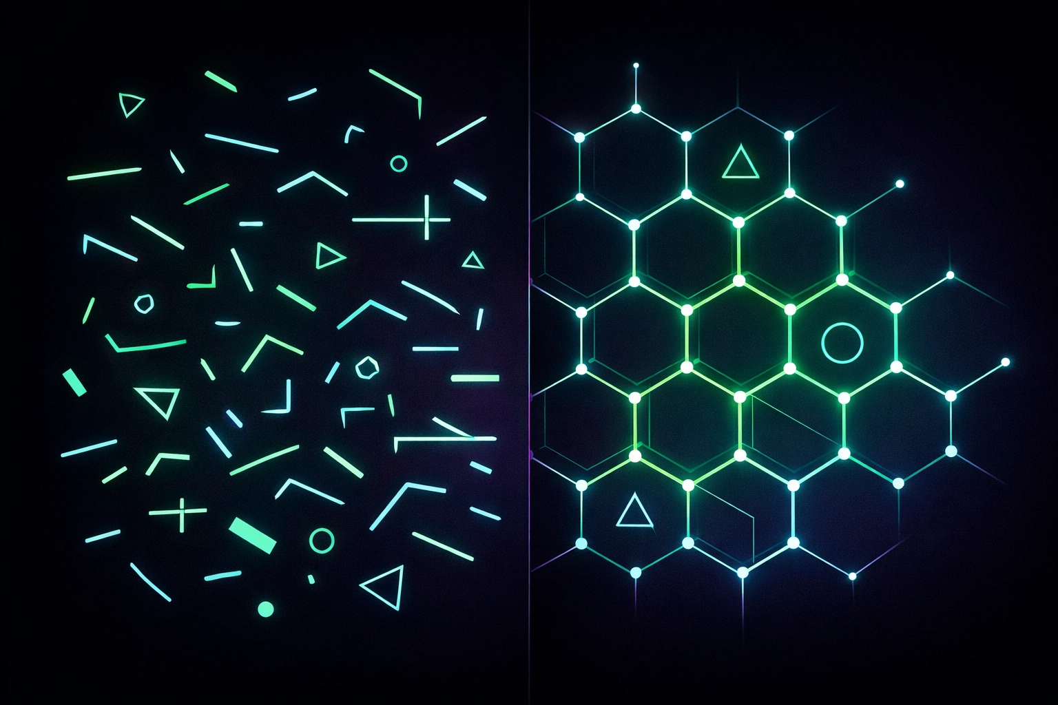 Abstract visualization of chaotic DIY AI governance transforming into organized platform control
