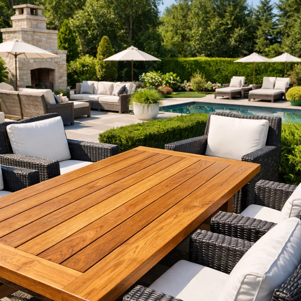 Luxury teak and wicker patio furniture on a sun-drenched Westchester residential deck.