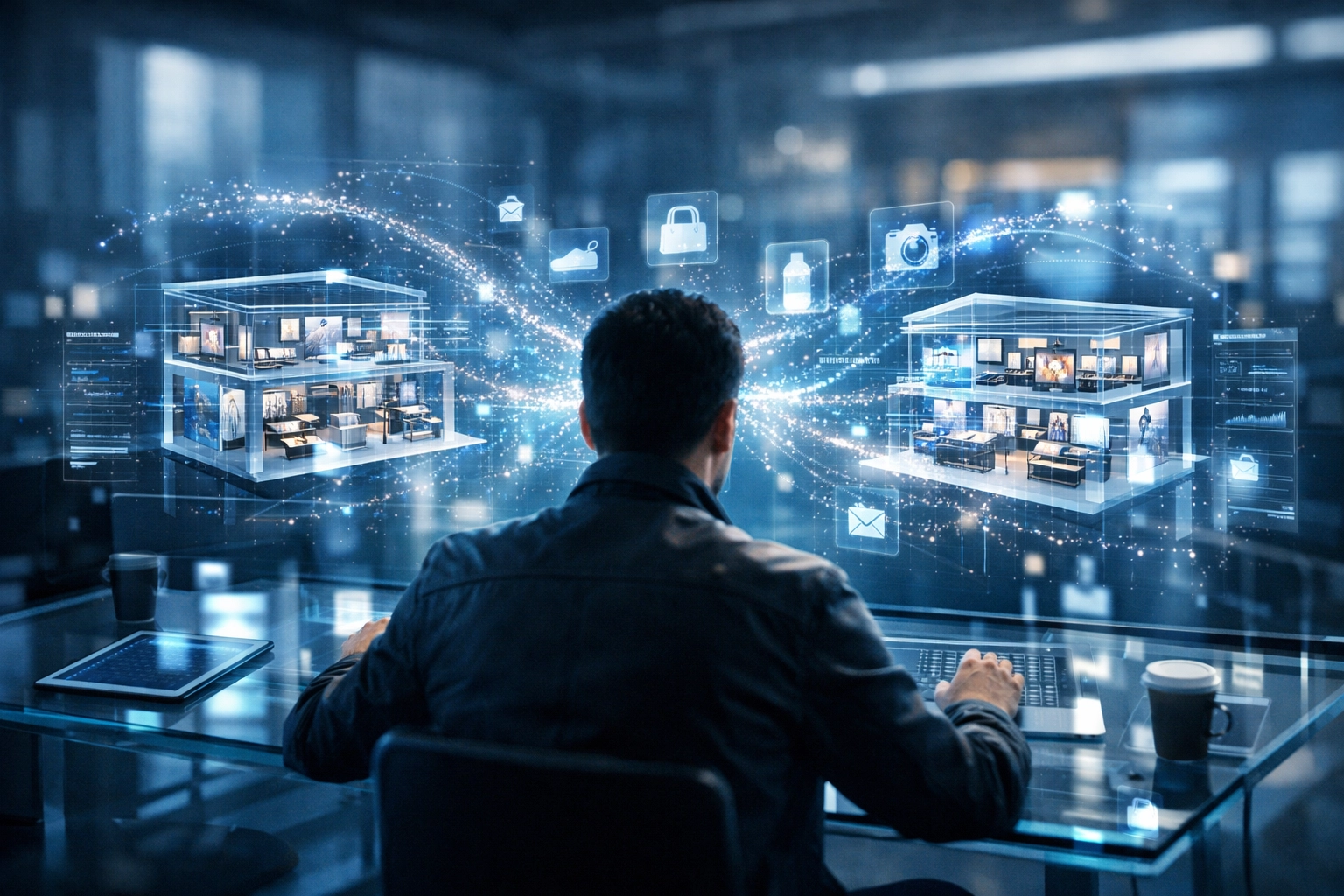 Professional using the Larecoin Merchant Portal AI dashboard to manage and optimize metaverse virtual storefronts.