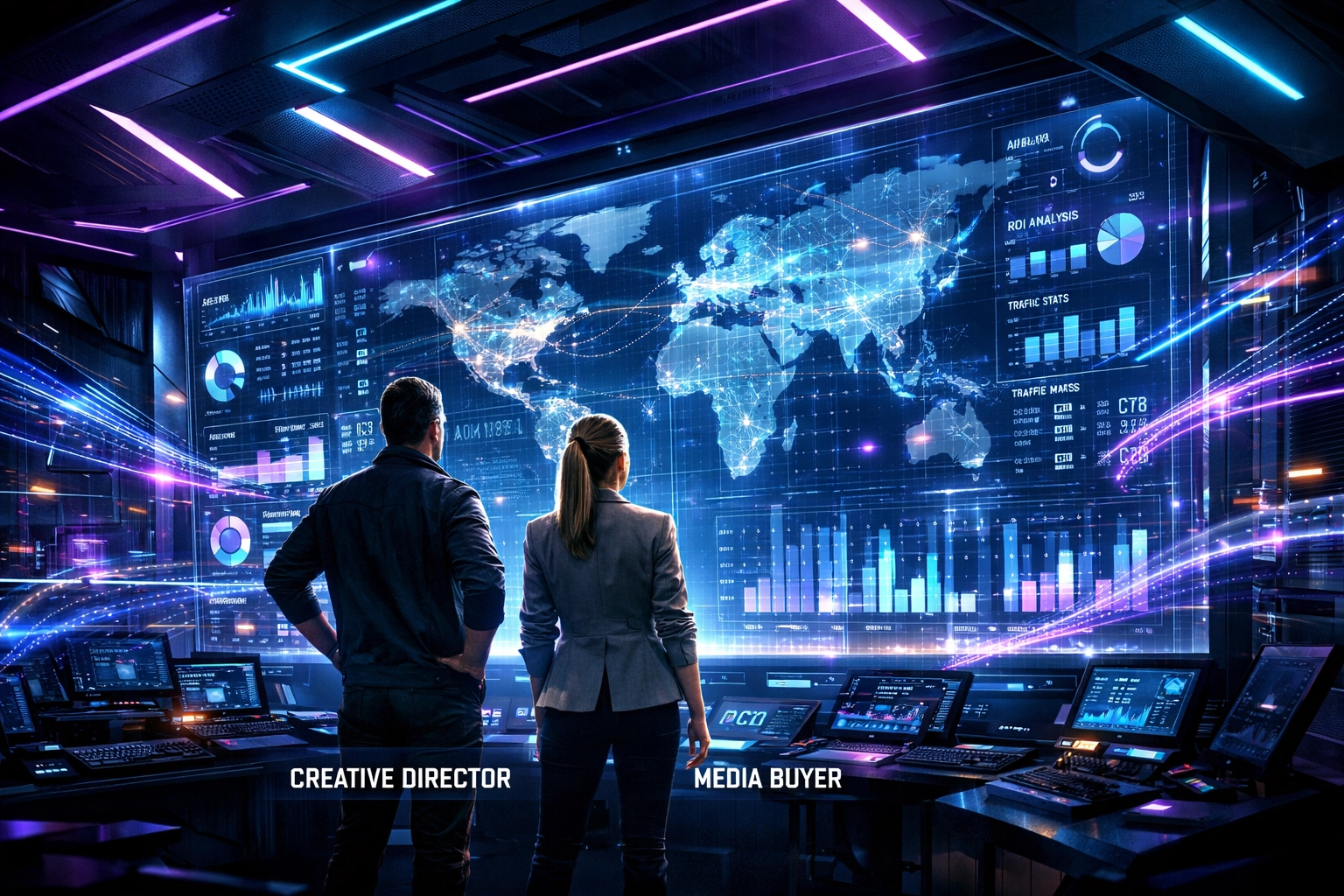 Media buyers strategizing using a futuristic data analytics dashboard for cloud-driven brand activations.