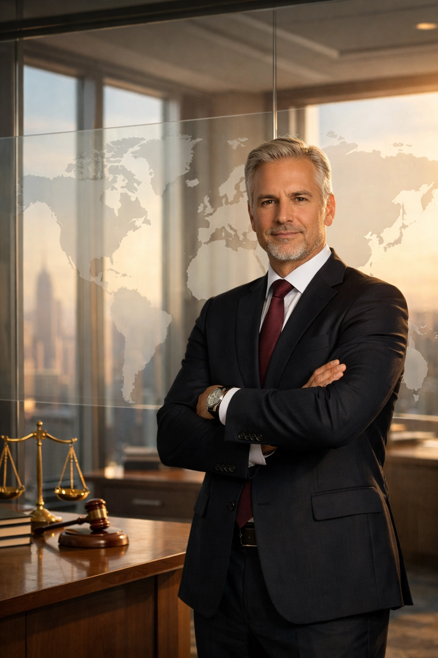 Legal expert analyzing a global map in a modern office for international legal investigation services.