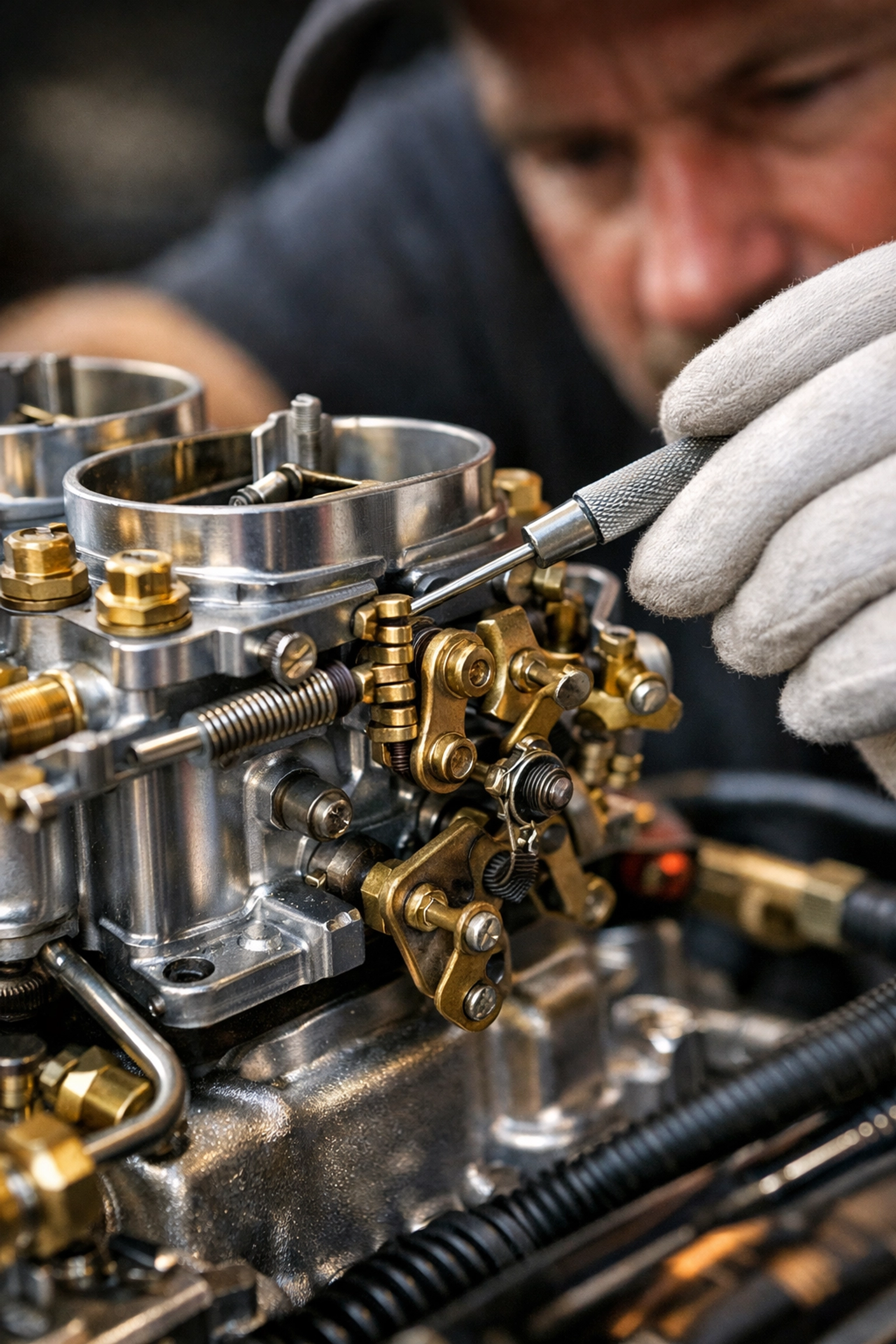 Close-up of a classic carburetor setup being serviced by a specialist for peak performance.