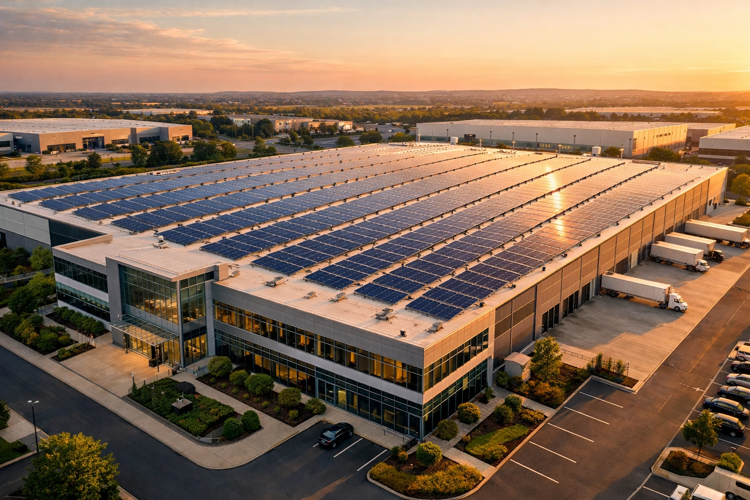 Large commercial solar power installation on a warehouse roof for business energy savings.