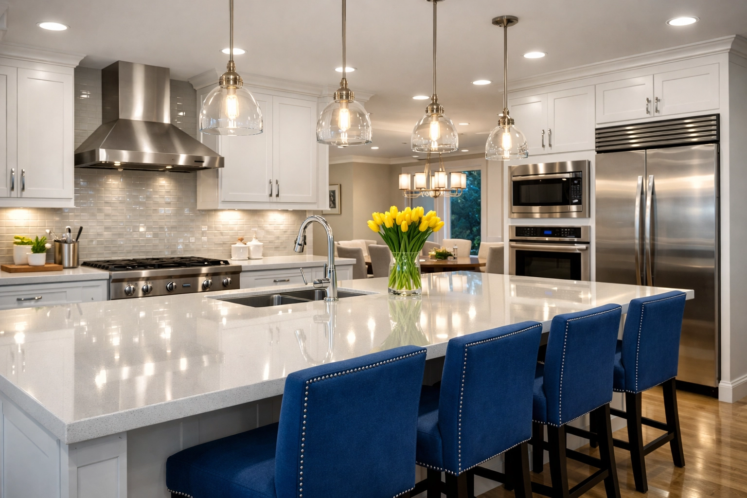 A sparkling clean luxury kitchen in Nashua showcasing the results of a professional Ninja-level deep clean.