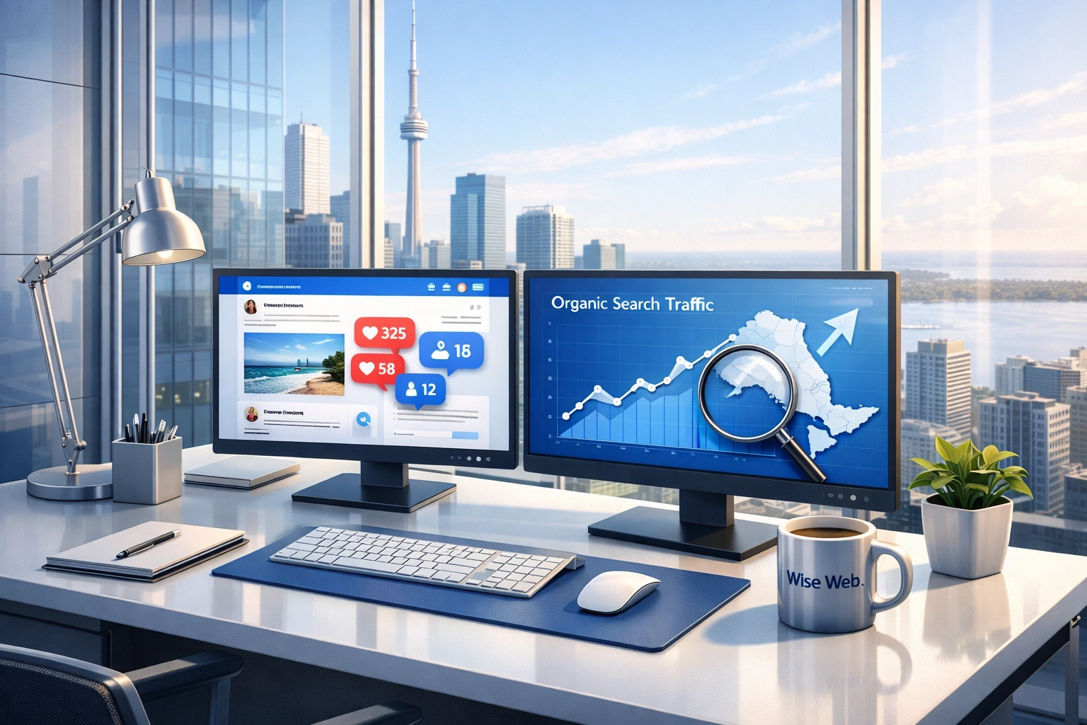 Professional workspace showing social media marketing analytics and SEO traffic growth for Toronto businesses.