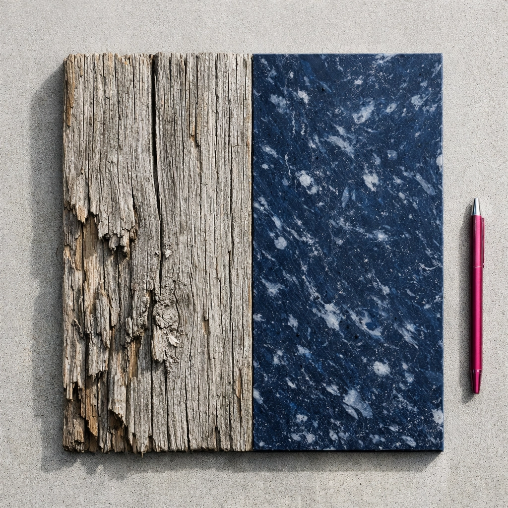 Textural comparison showing weathered timber decay versus a durable recycled plastic sheet for coastal projects.