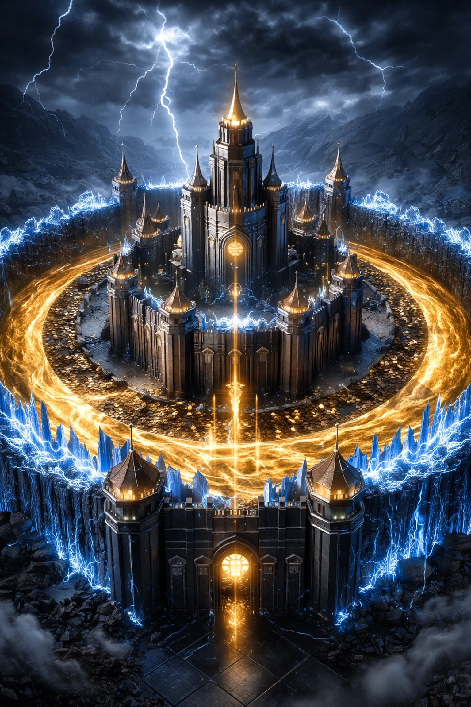 Illustration of a financial fortress with layered defenses, symbolizing multi-layered institutional investment strategies.