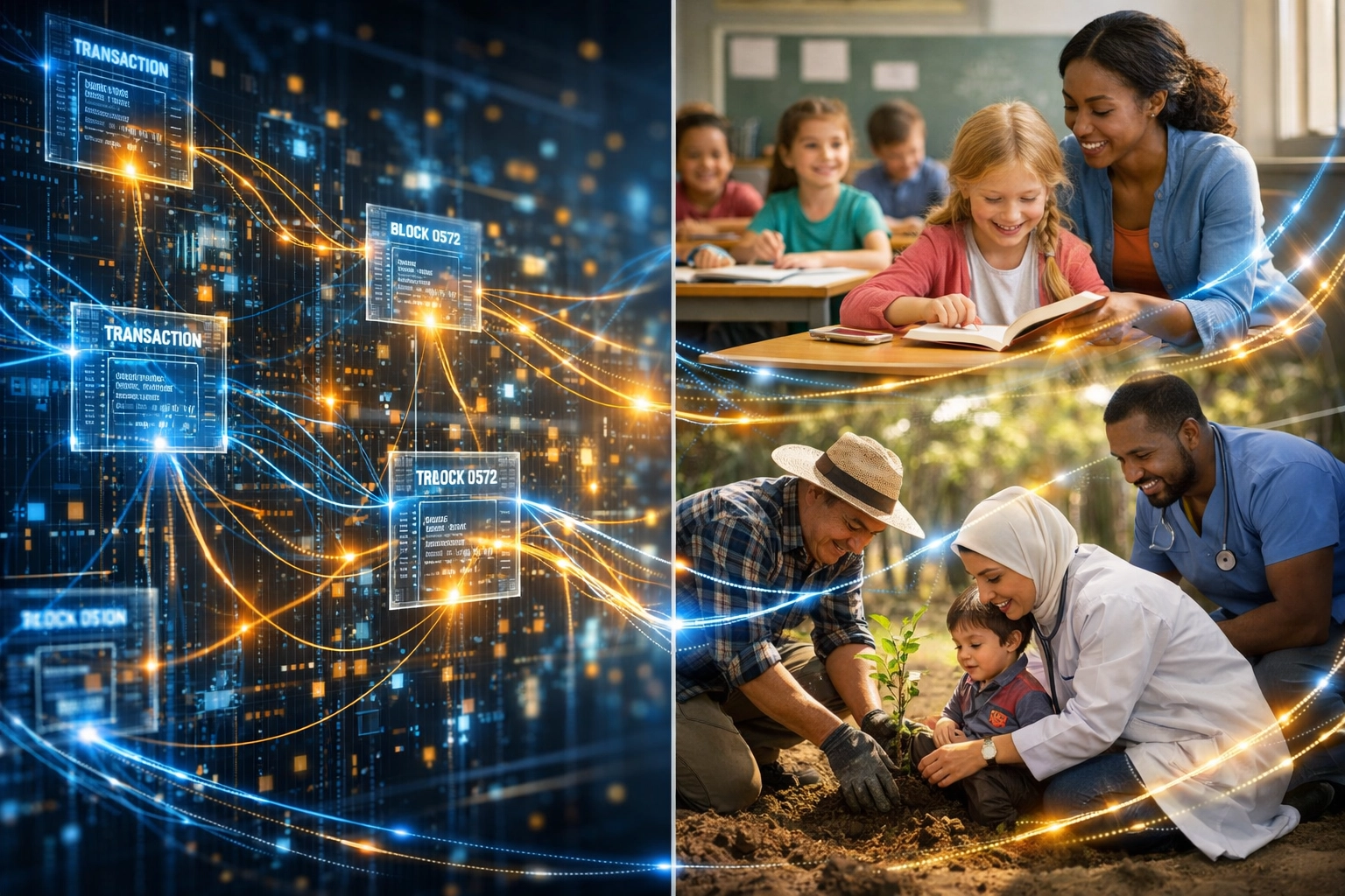 Blockchain ledger tracking Larecoin charitable donations reaching communities worldwide