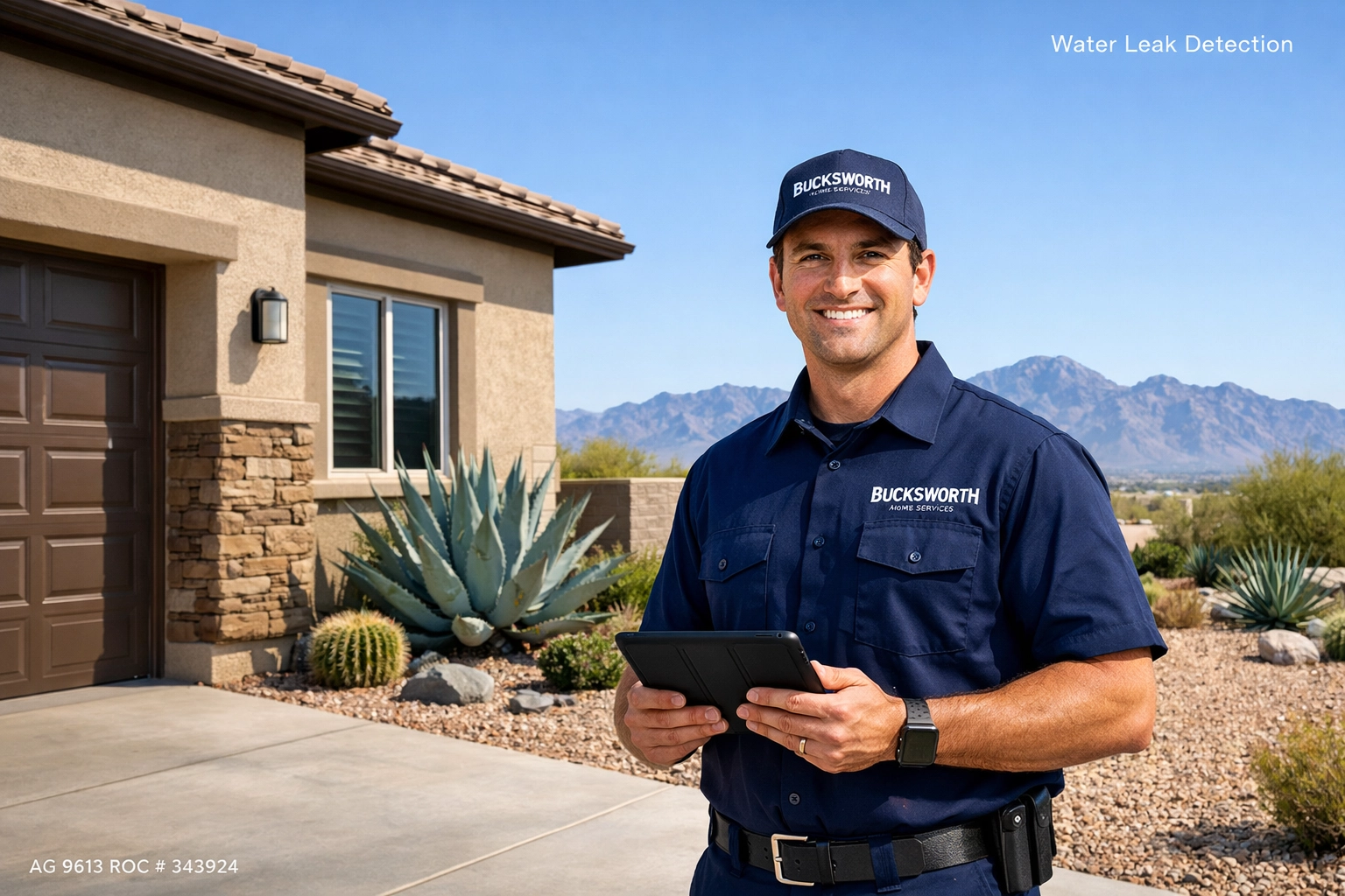 Bucksworth Home Services technician performing water leak detection at a home in Maricopa AZ.