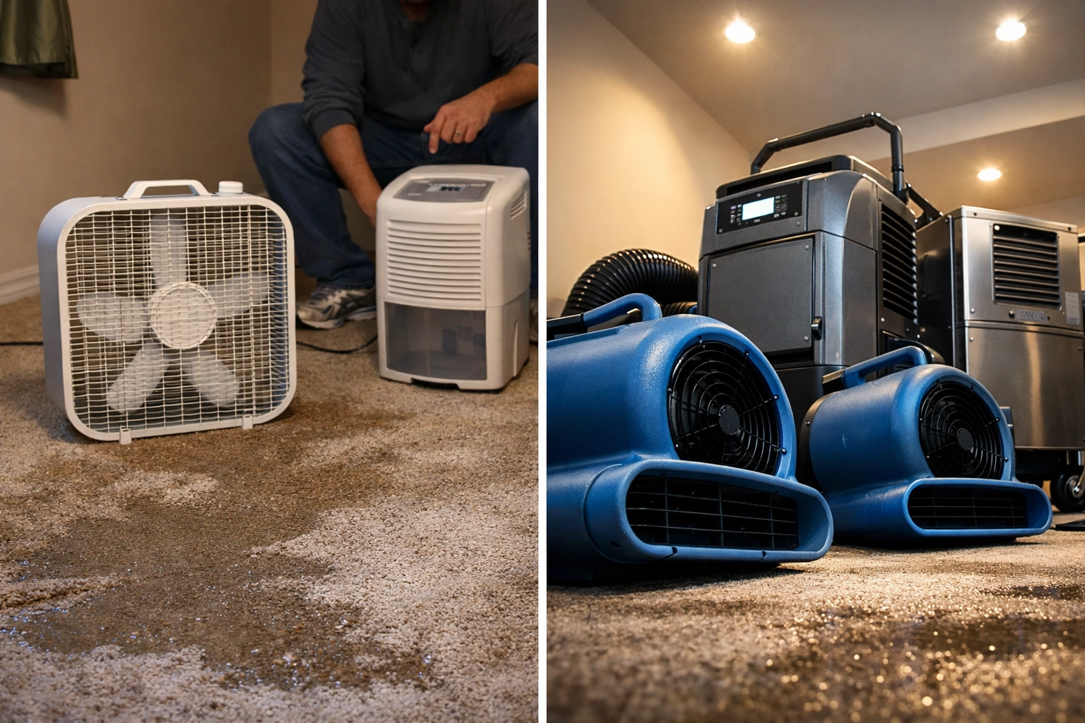 Comparison of household fan versus industrial water damage restoration equipment