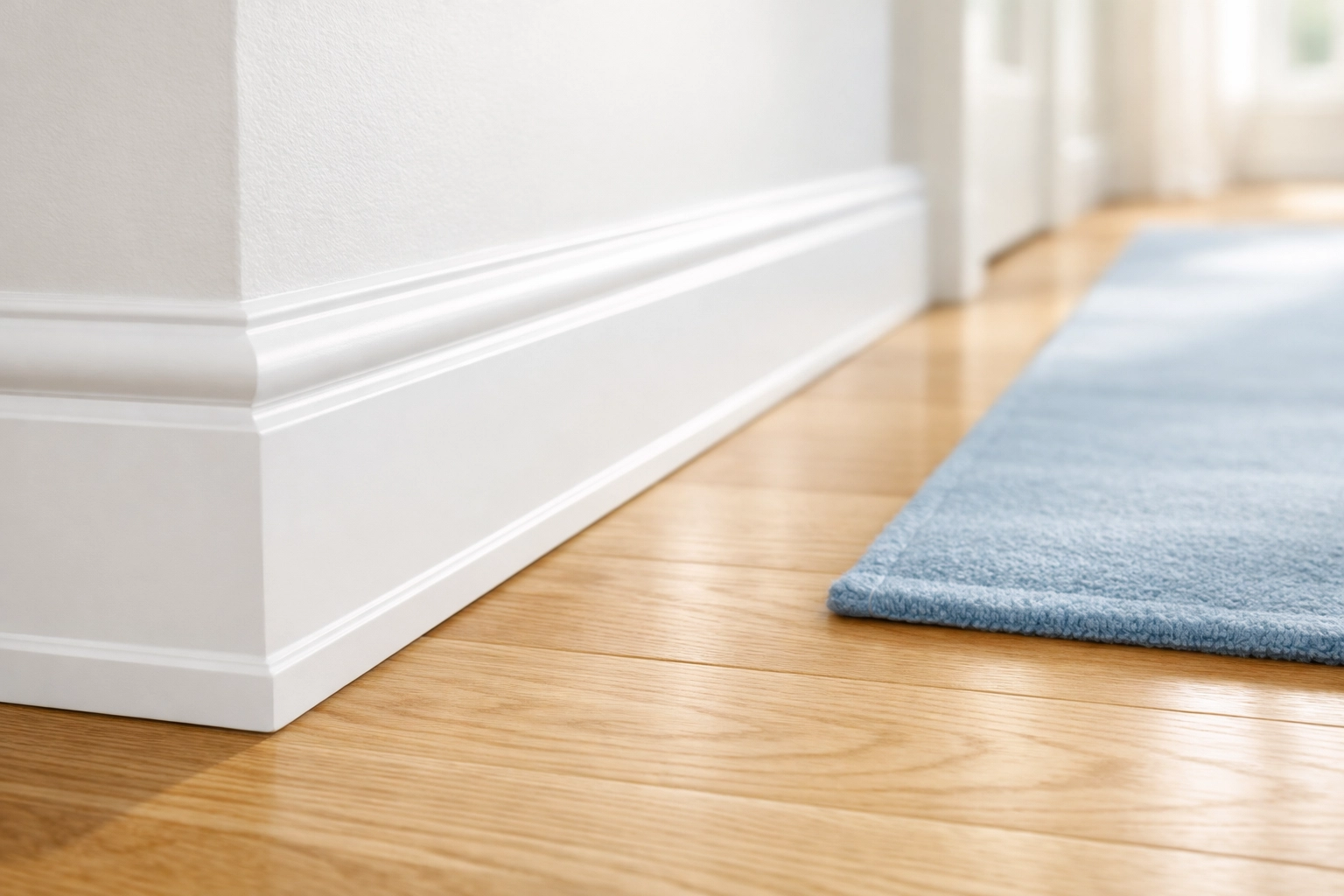 Detailed view of clean baseboards and dust-free oak floors in a Lunenburg family home.