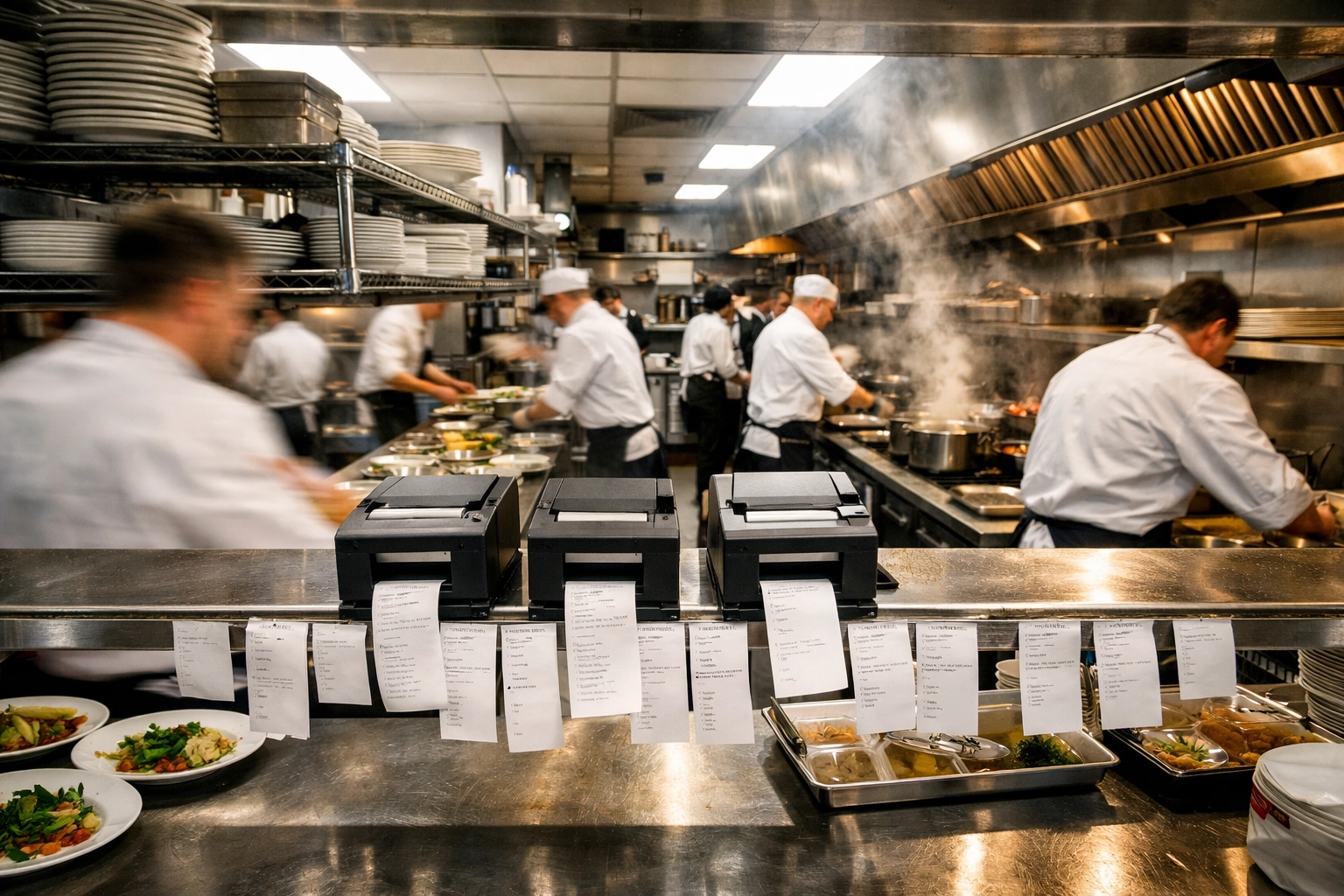 Busy restaurant kitchen during dinner service with chefs at expo station and ticket printers running