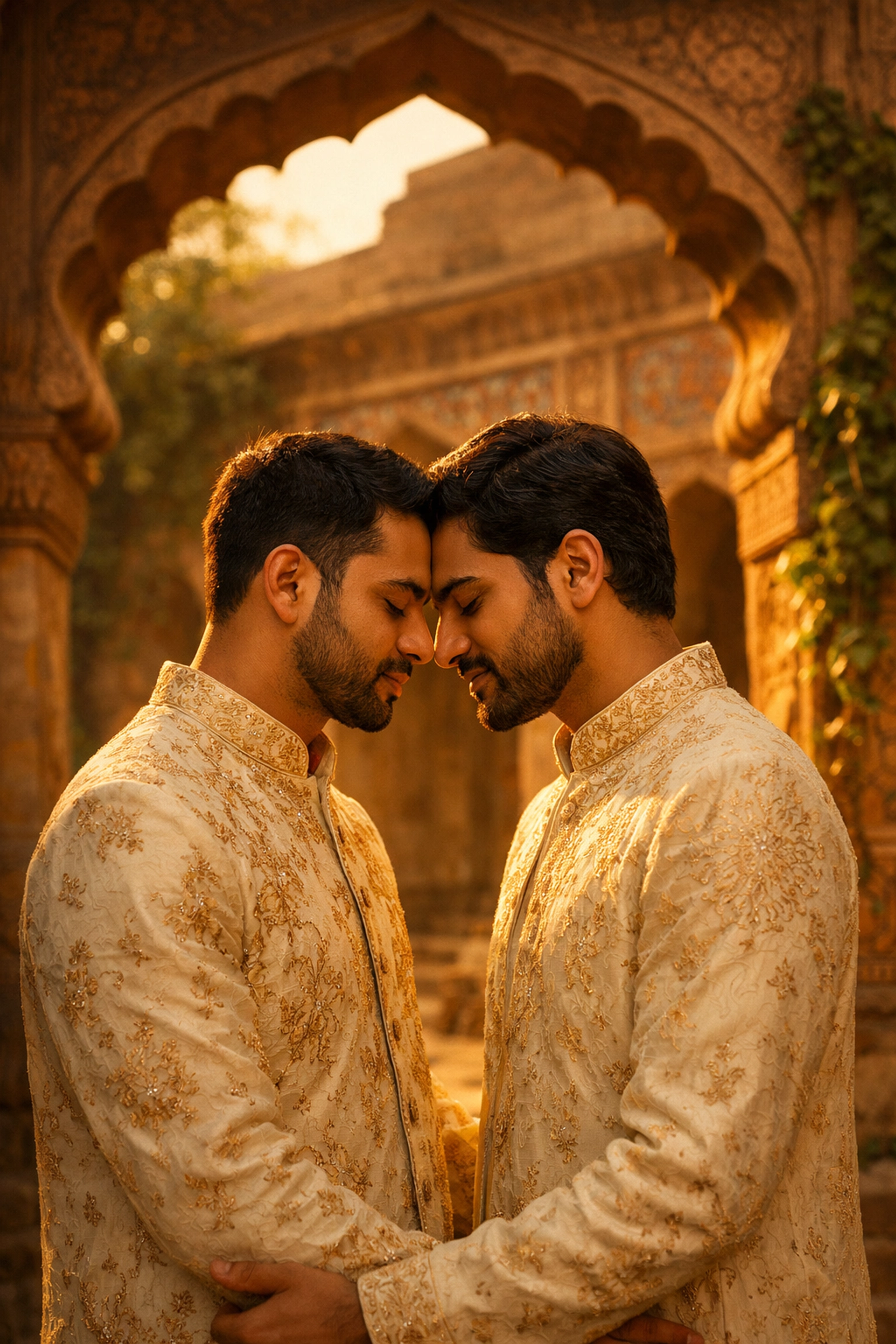 Two South Asian men in traditional attire share an intimate moment in a Mughal archway, reflecting queer history in Lahore.