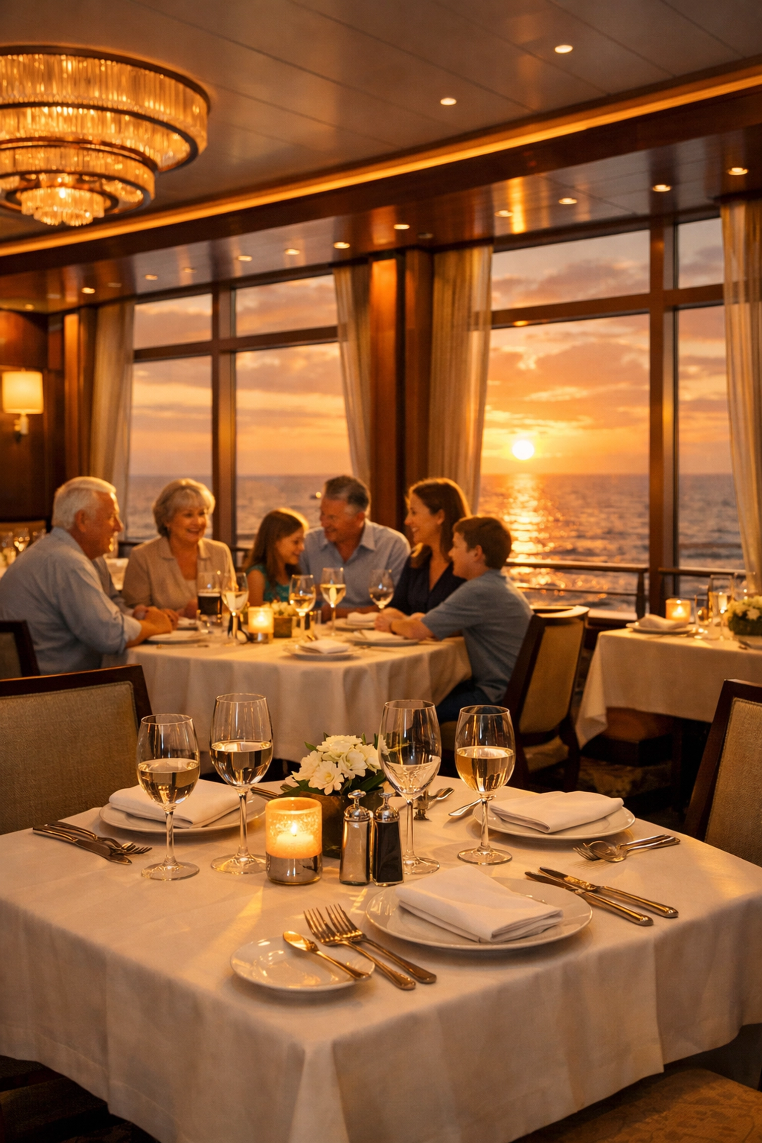 Elegant Star Princess cruise ship dining room with ocean views and family dinner service