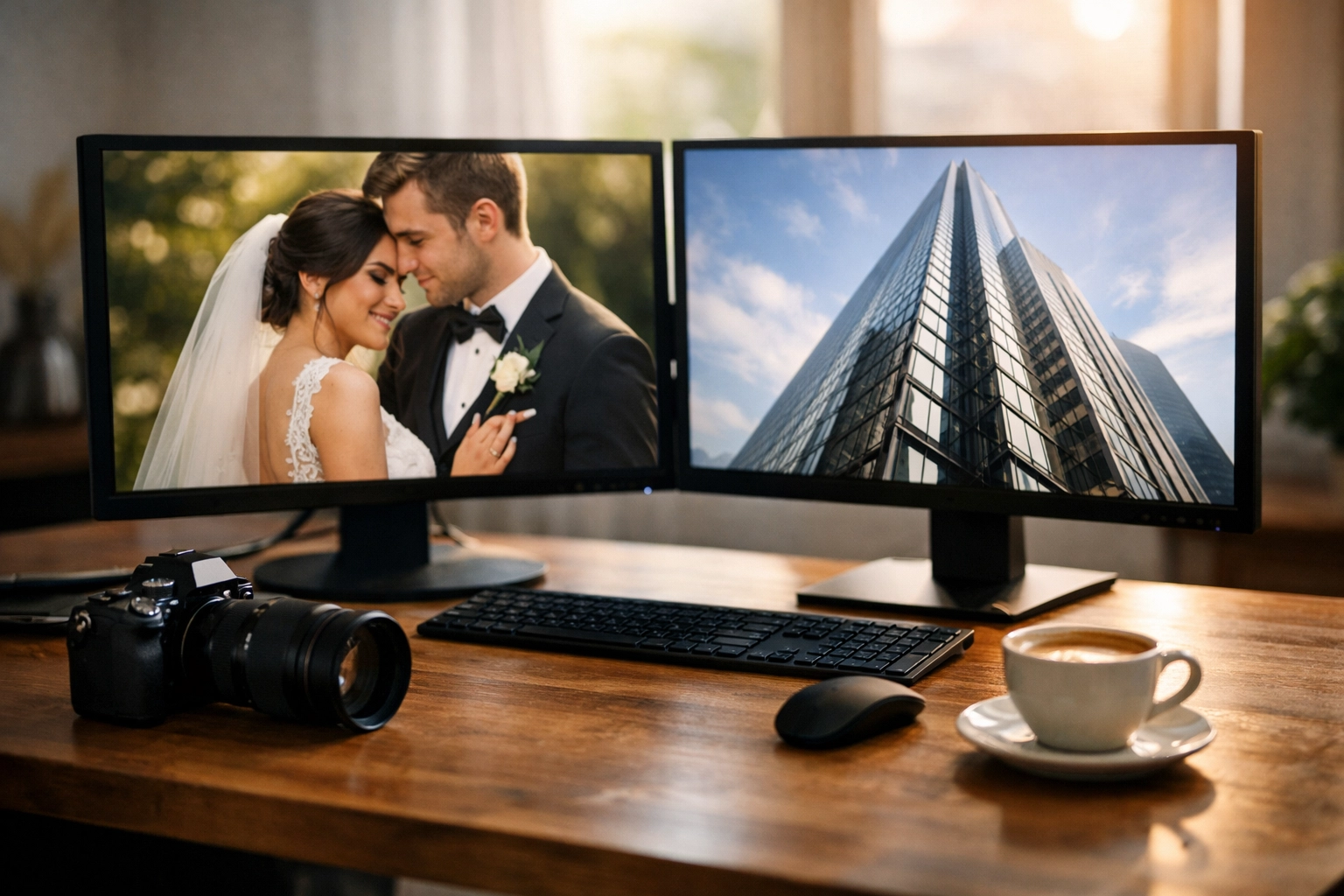 Professional photographer workspace showing high-resolution photo portfolio on dual monitors.