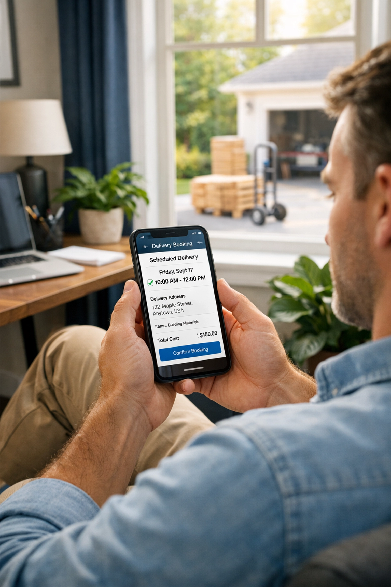 Homeowner using a smartphone to order a garbage bin online for a residential project in the GTA.